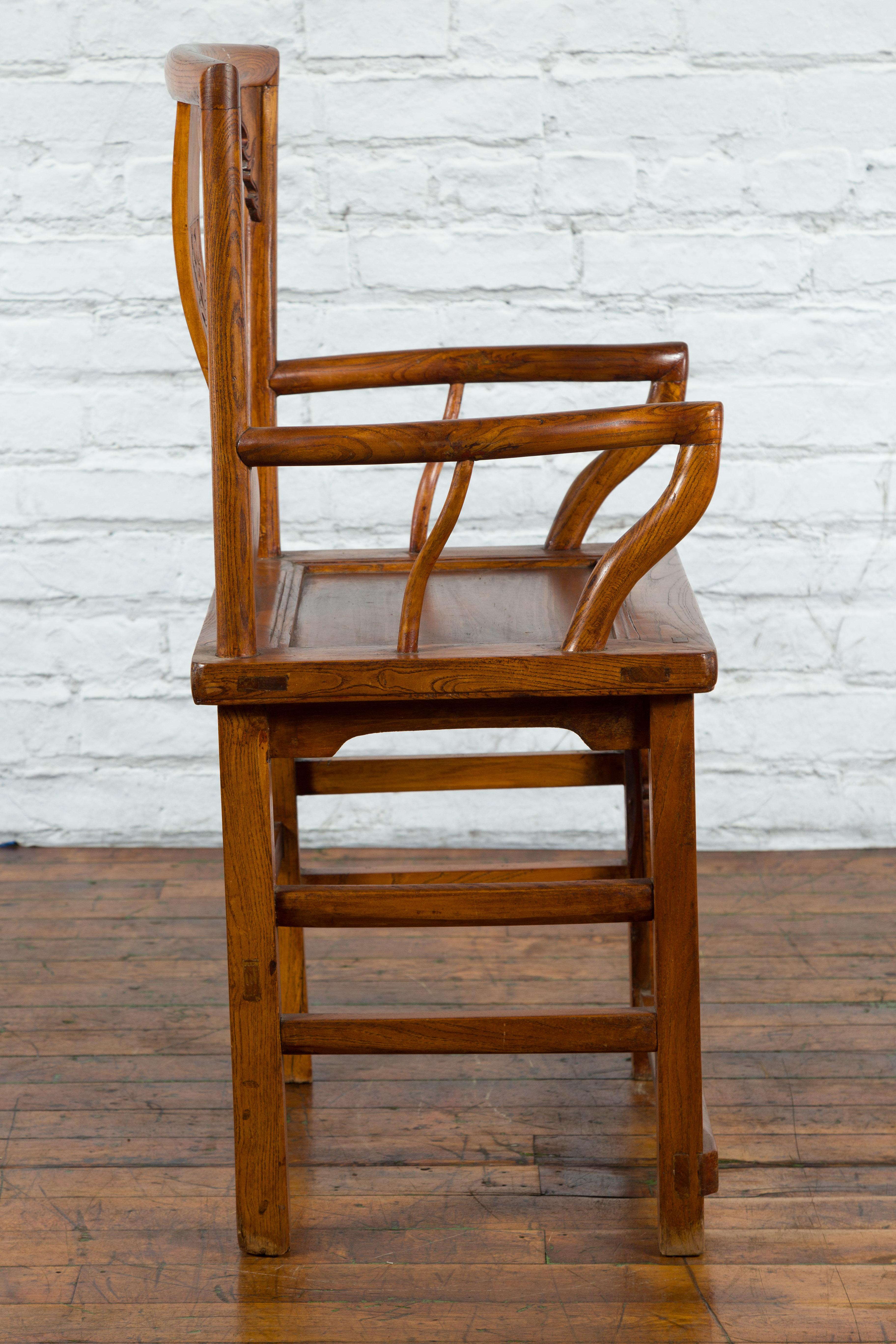 Chinese 19th Century Qing Chair with Open Arms and Hand-Carved Floral Motifs For Sale 2