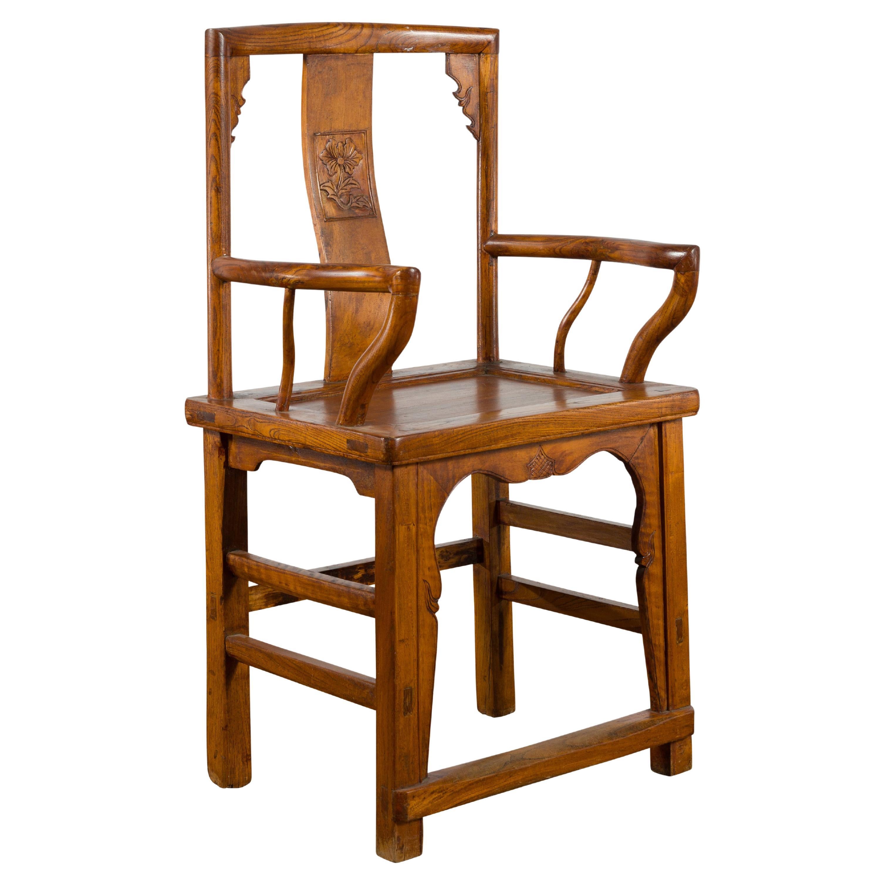 Chinese 19th Century Qing Chair with Open Arms and Hand-Carved Floral Motifs For Sale