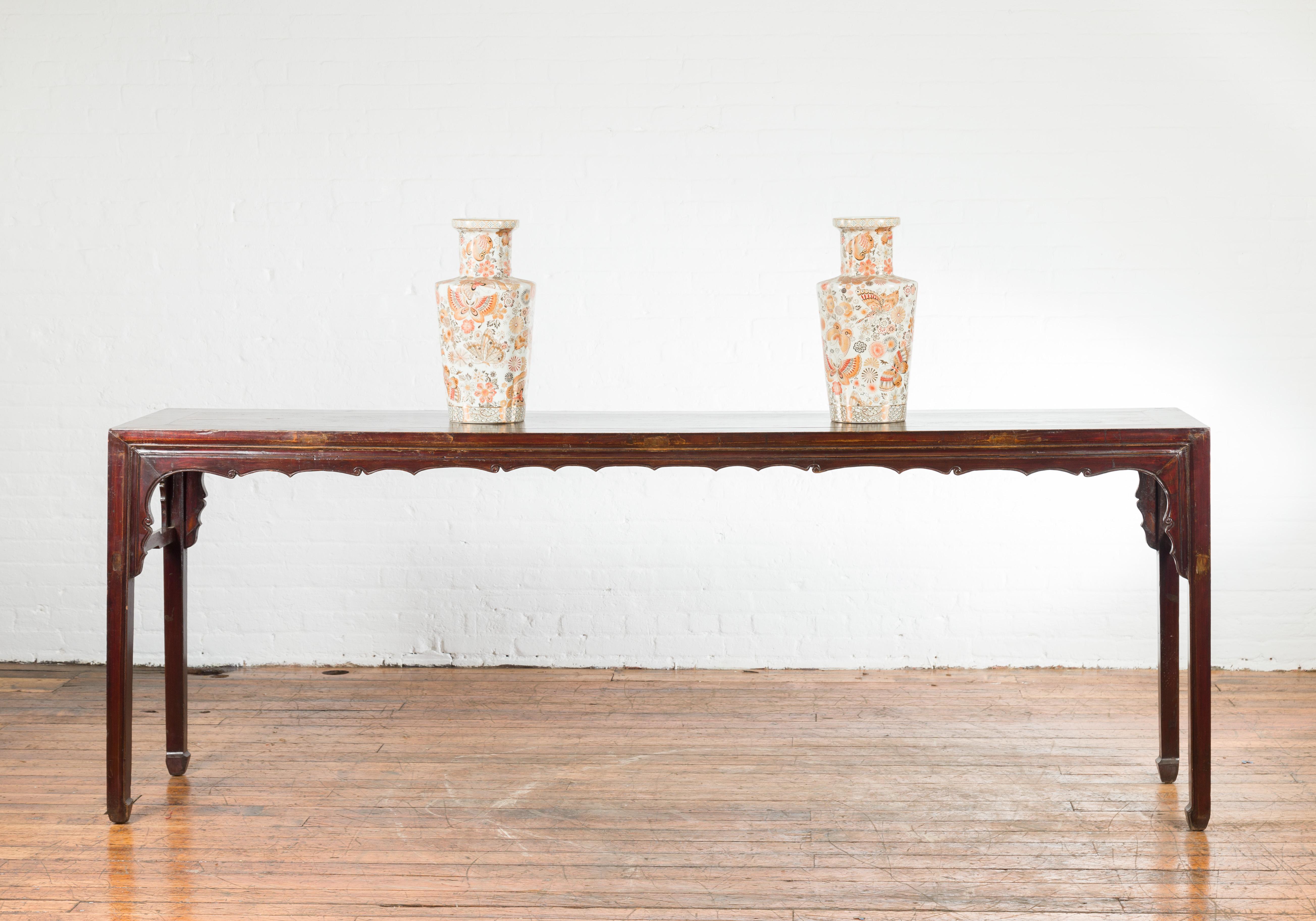 Carved Chinese 19th Century Qing Dynasty Altar Console Table with Reddish Brown Patina