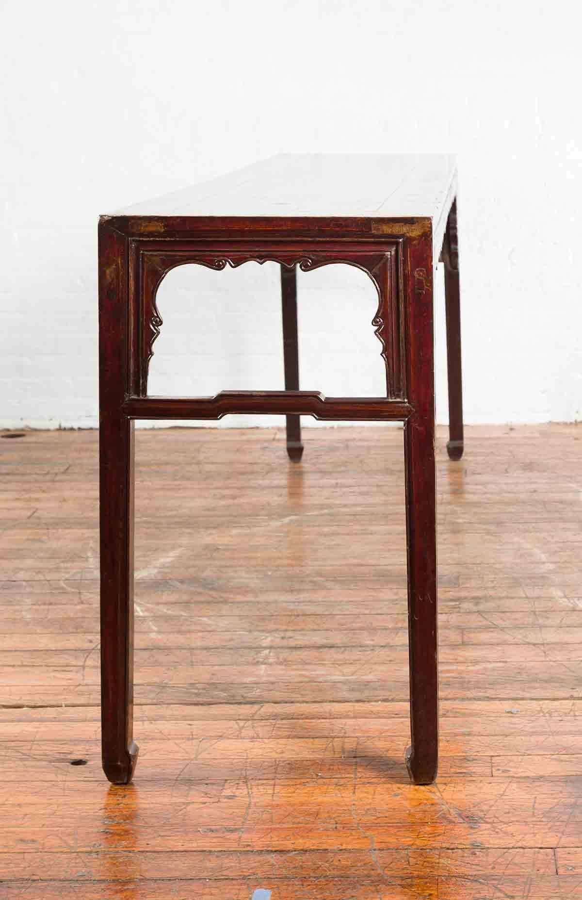 Carved Chinese 19th Century Qing Dynasty Altar Console Table with Reddish Brown Patina For Sale