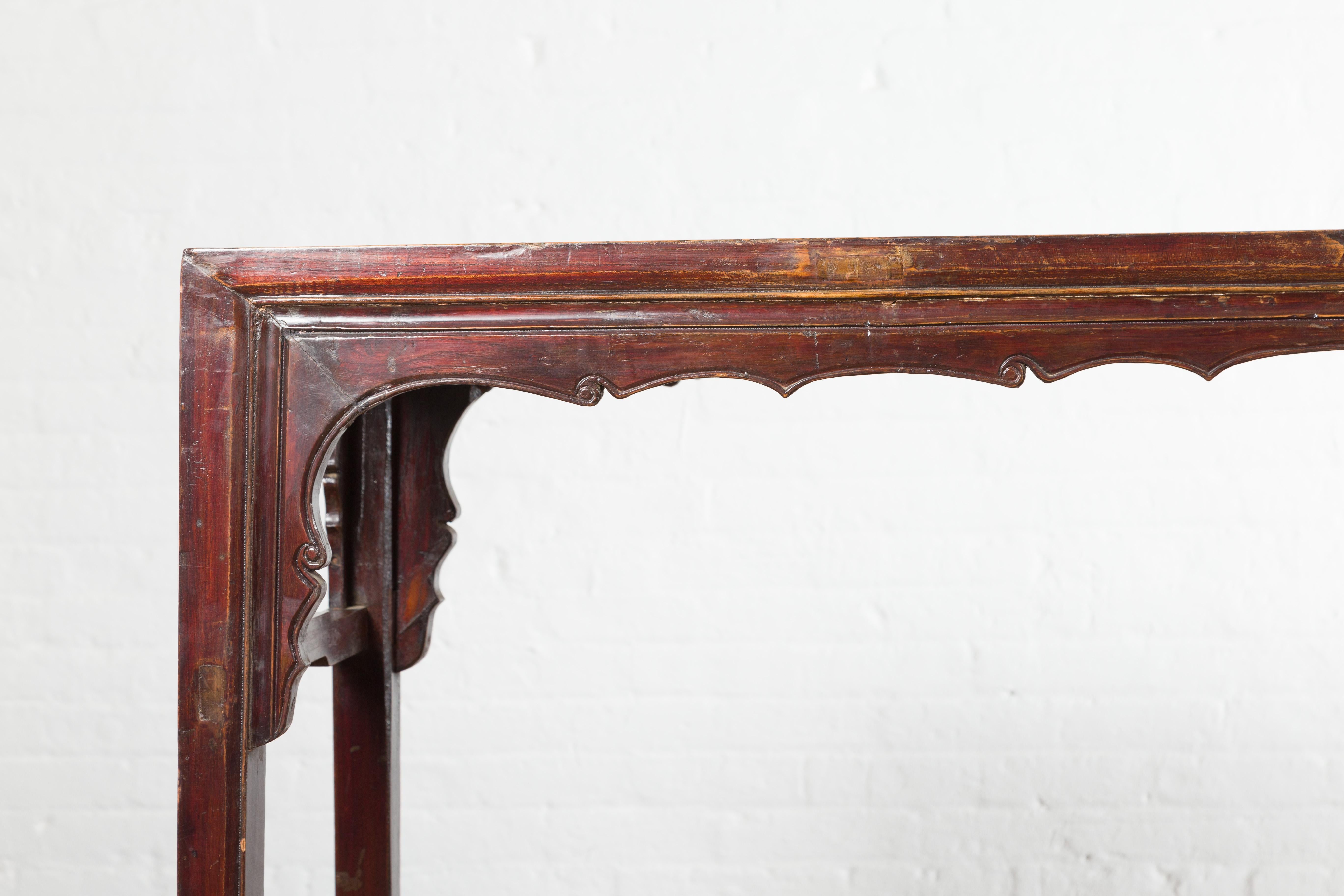 Wood Chinese 19th Century Qing Dynasty Altar Console Table with Reddish Brown Patina
