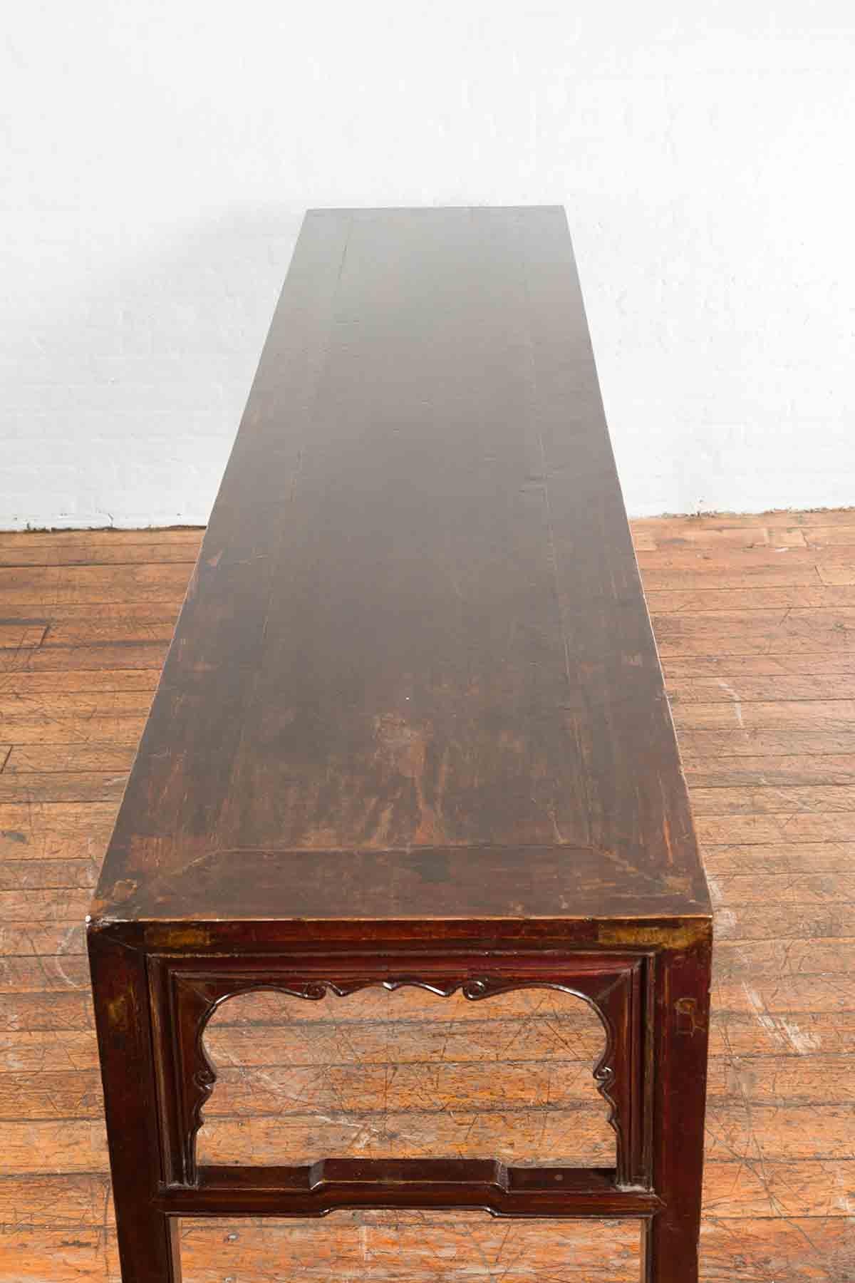 Wood Chinese 19th Century Qing Dynasty Altar Console Table with Reddish Brown Patina For Sale