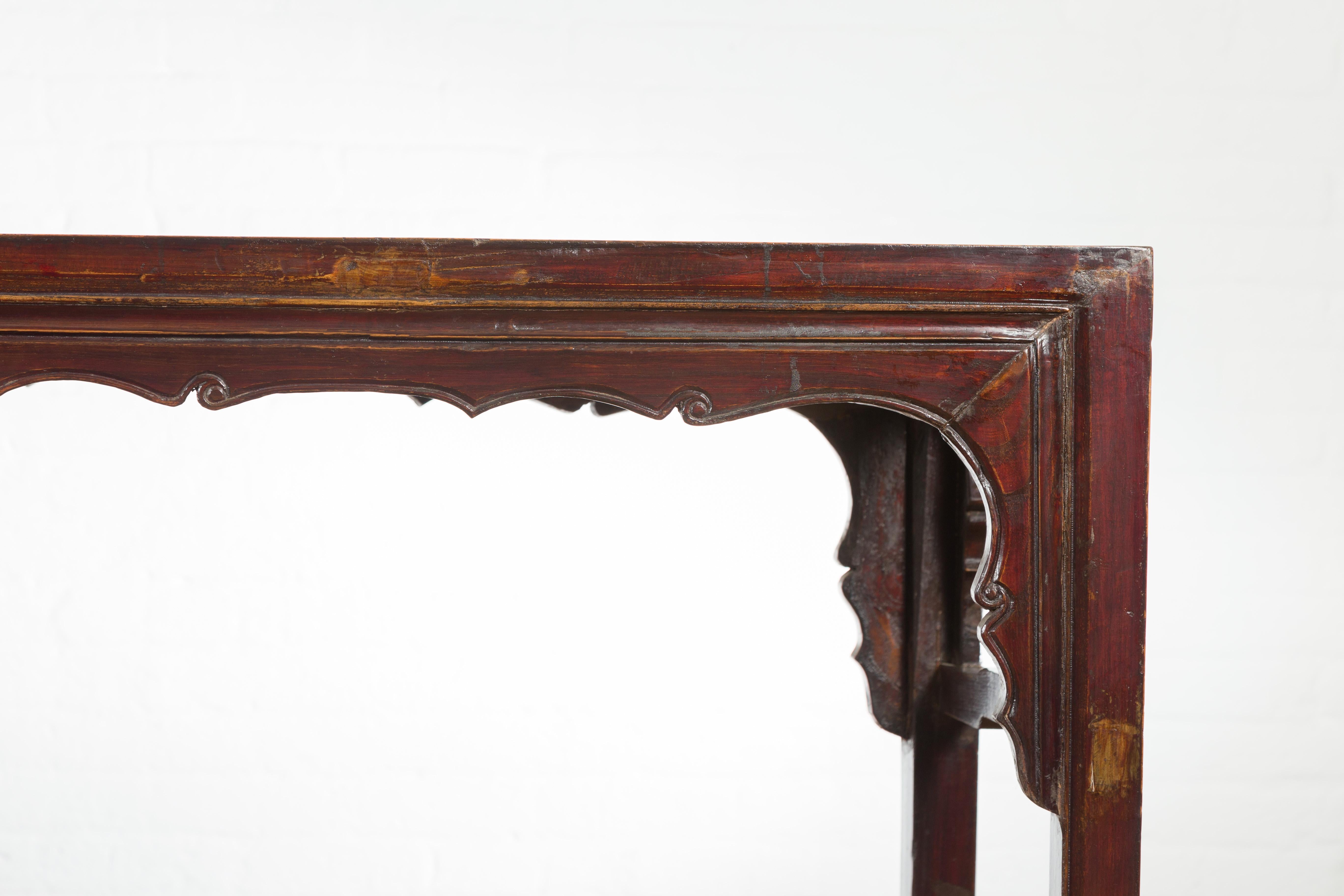 Chinese 19th Century Qing Dynasty Altar Console Table with Reddish Brown Patina 4