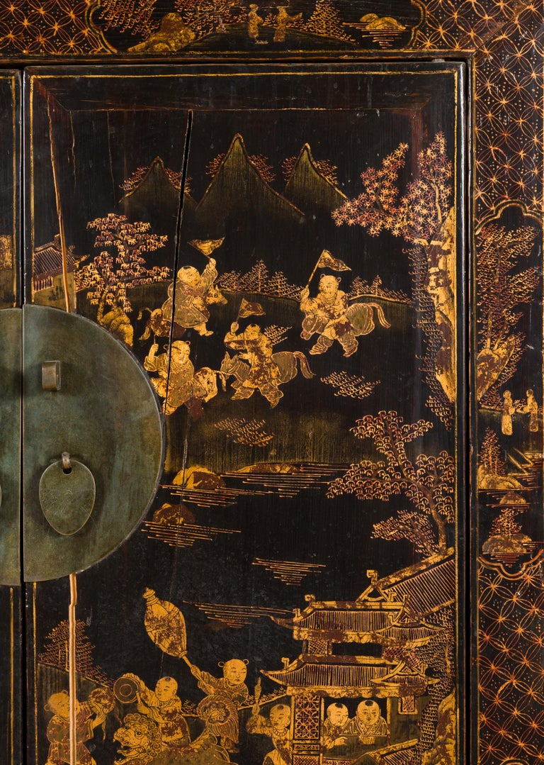 Chinese 19th Century Qing Dynasty Black and Gold Cabinet with