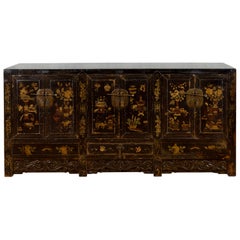 Antique Chinese 19th Century Qing Dynasty Black Lacquered Sideboard with Chinoiserie