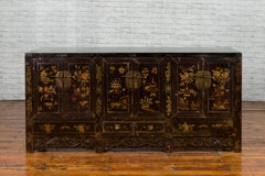 Chinese 19th Century Qing Dynasty Black Lacquered Sideboard with Chinoiserie