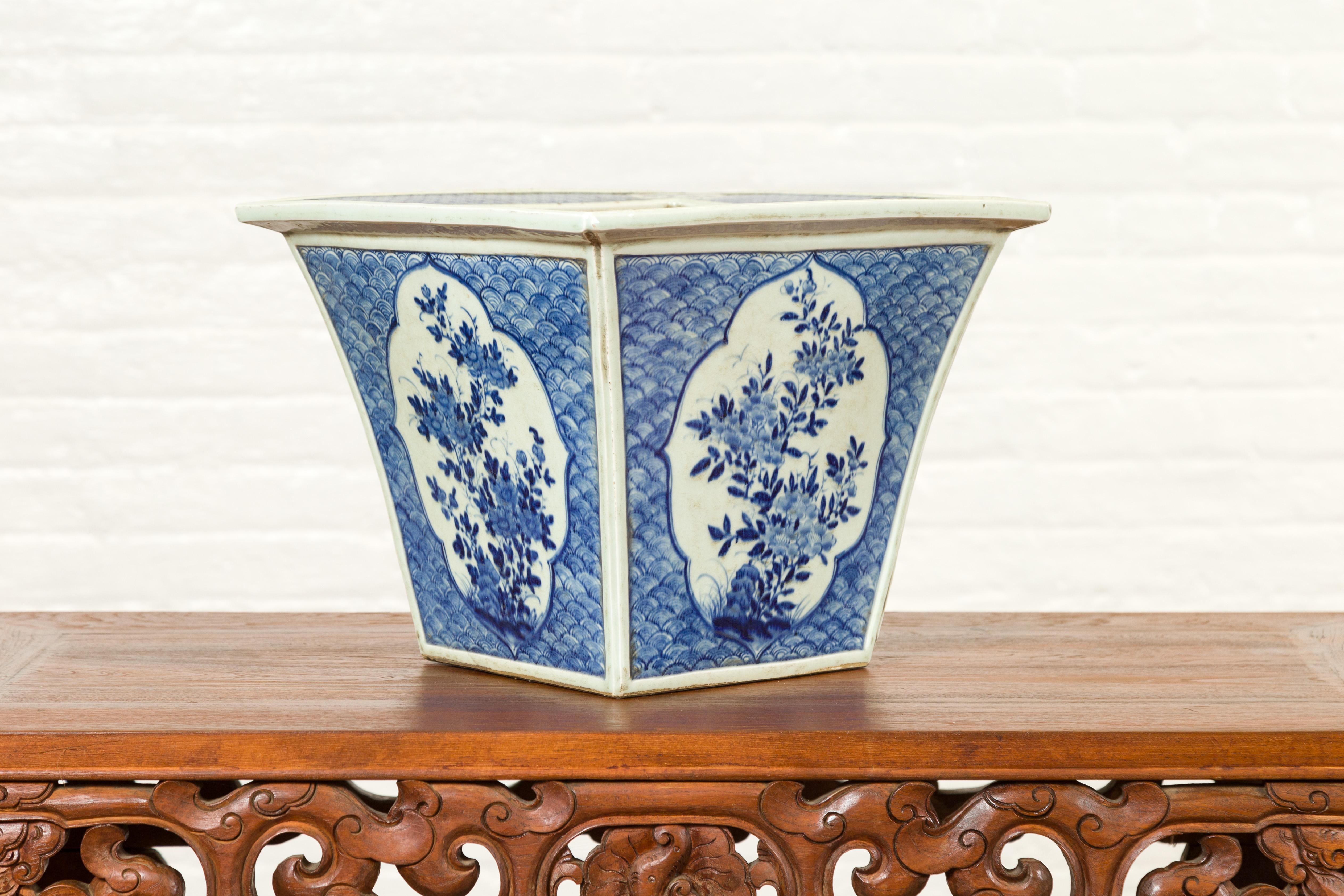Porcelain Chinese 19th Century Qing Dynasty Blue and White Planter with Floral Décor