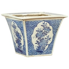 Chinese 19th Century Qing Dynasty Blue and White Planter with Floral Décor