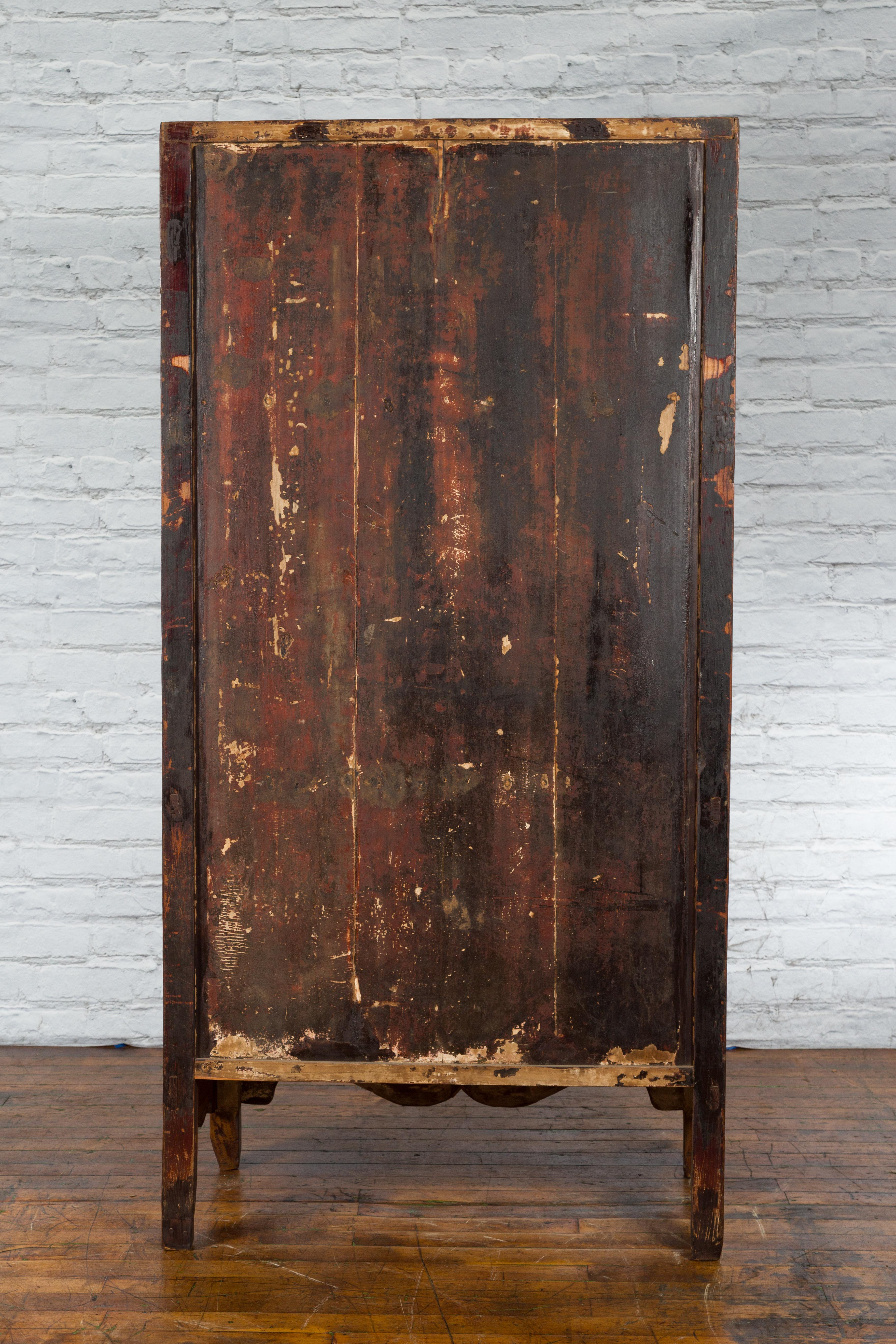 Chinese 19th Century Qing Dynasty Cabinet with Brown Finish and Carved Apron For Sale 9