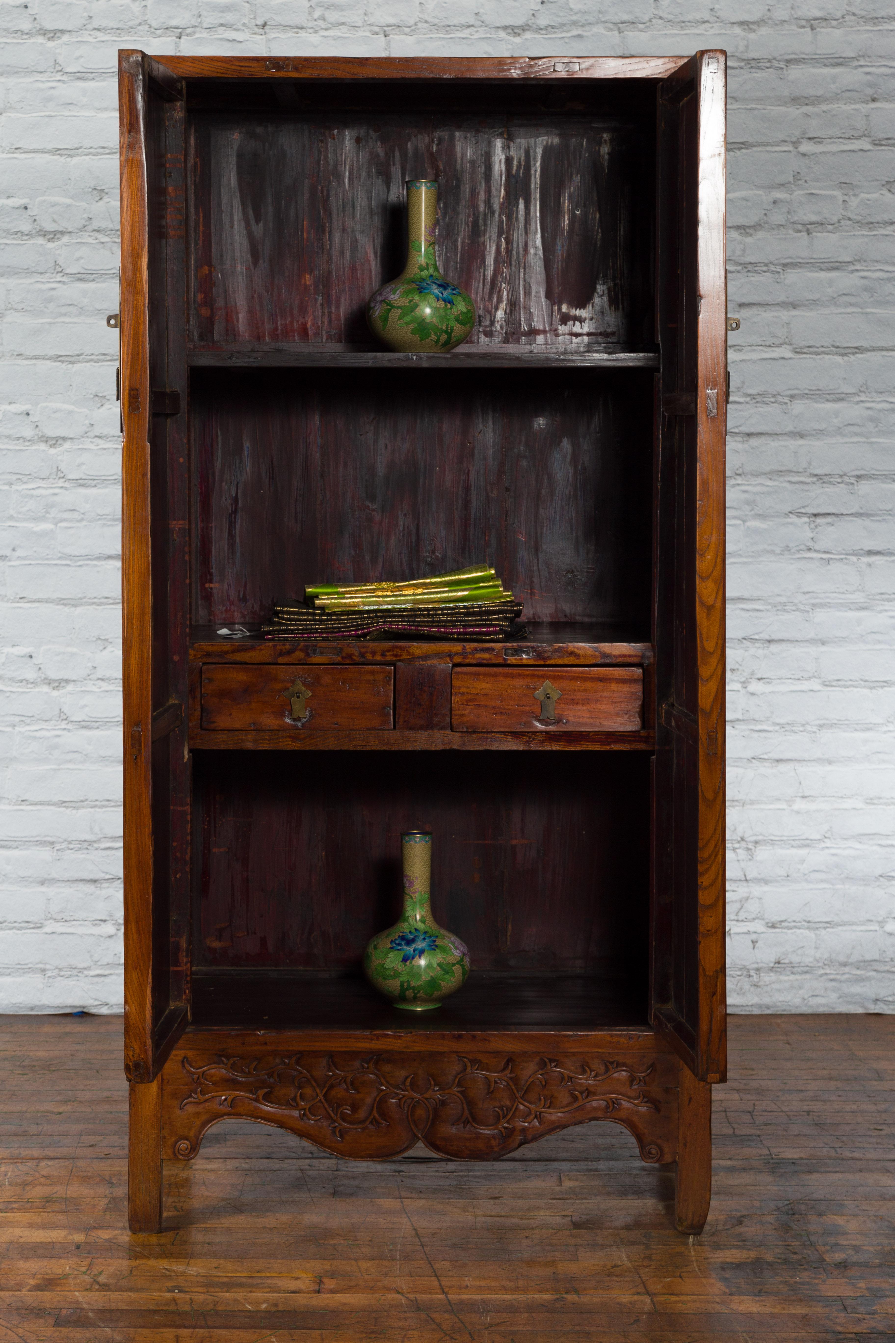 Chinese 19th Century Qing Dynasty Cabinet with Brown Finish and Carved Apron For Sale 2