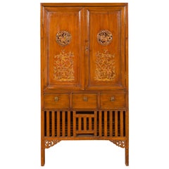 Chinese 19th Century Qing Dynasty Cabinet with Hand Carved Medallions