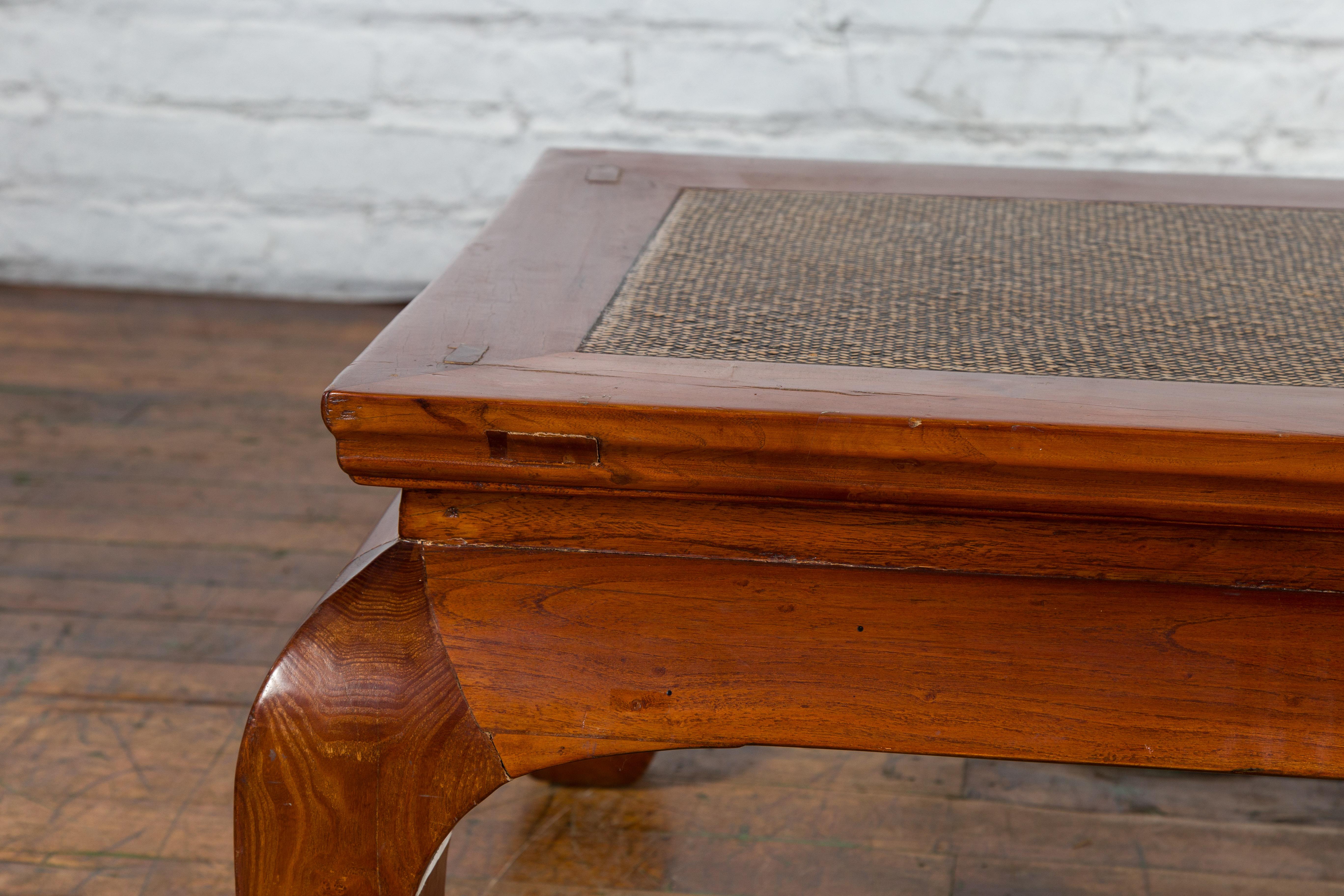 Woven Chinese 19th Century Qing Dynasty Coffee Table with Rattan Top and Chow Legs For Sale