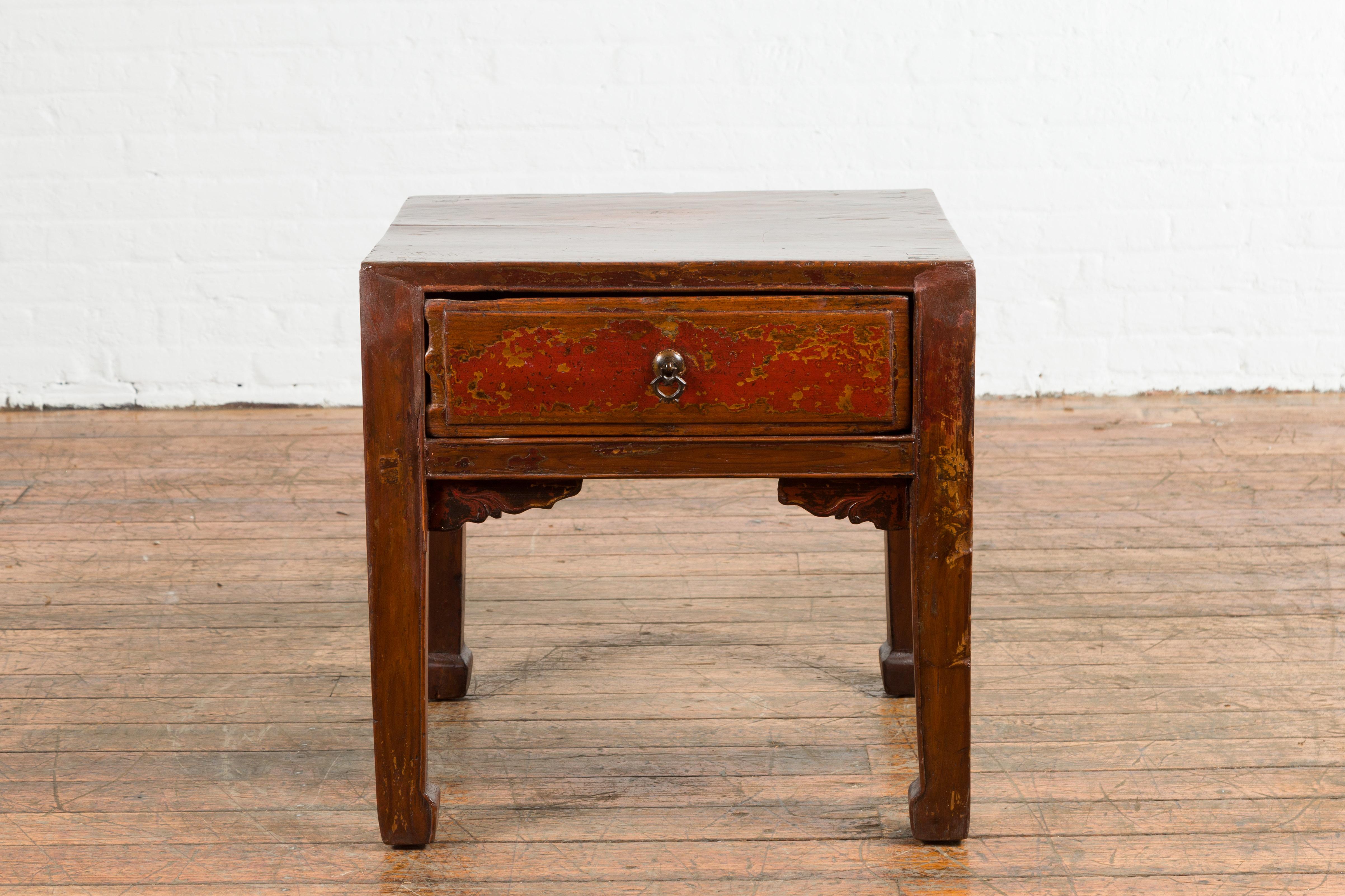 Glazed Chinese 19th Century Qing Dynasty Distressed Side Table with Cinnabar Underglaze For Sale