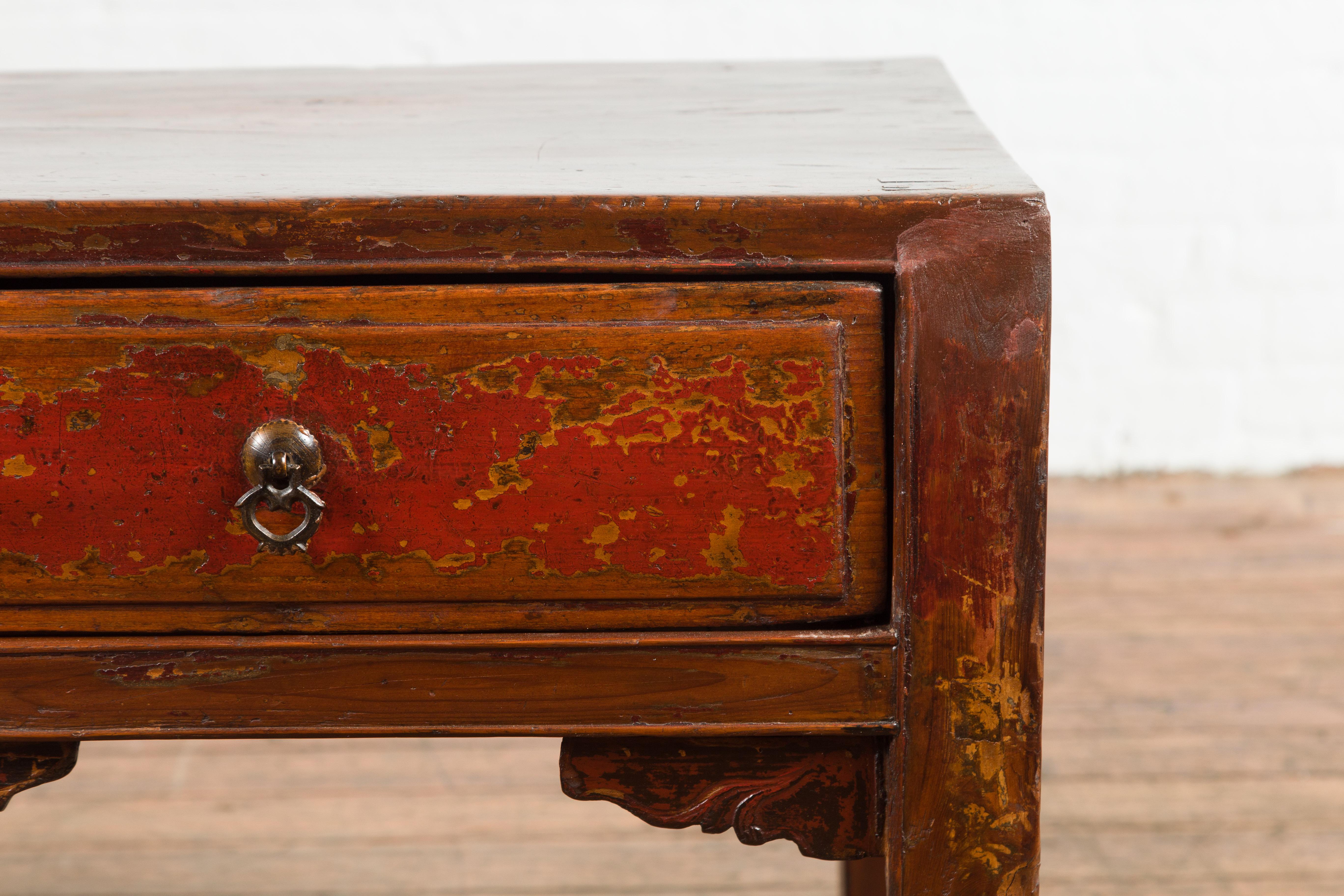 Wood Chinese 19th Century Qing Dynasty Distressed Side Table with Cinnabar Underglaze For Sale