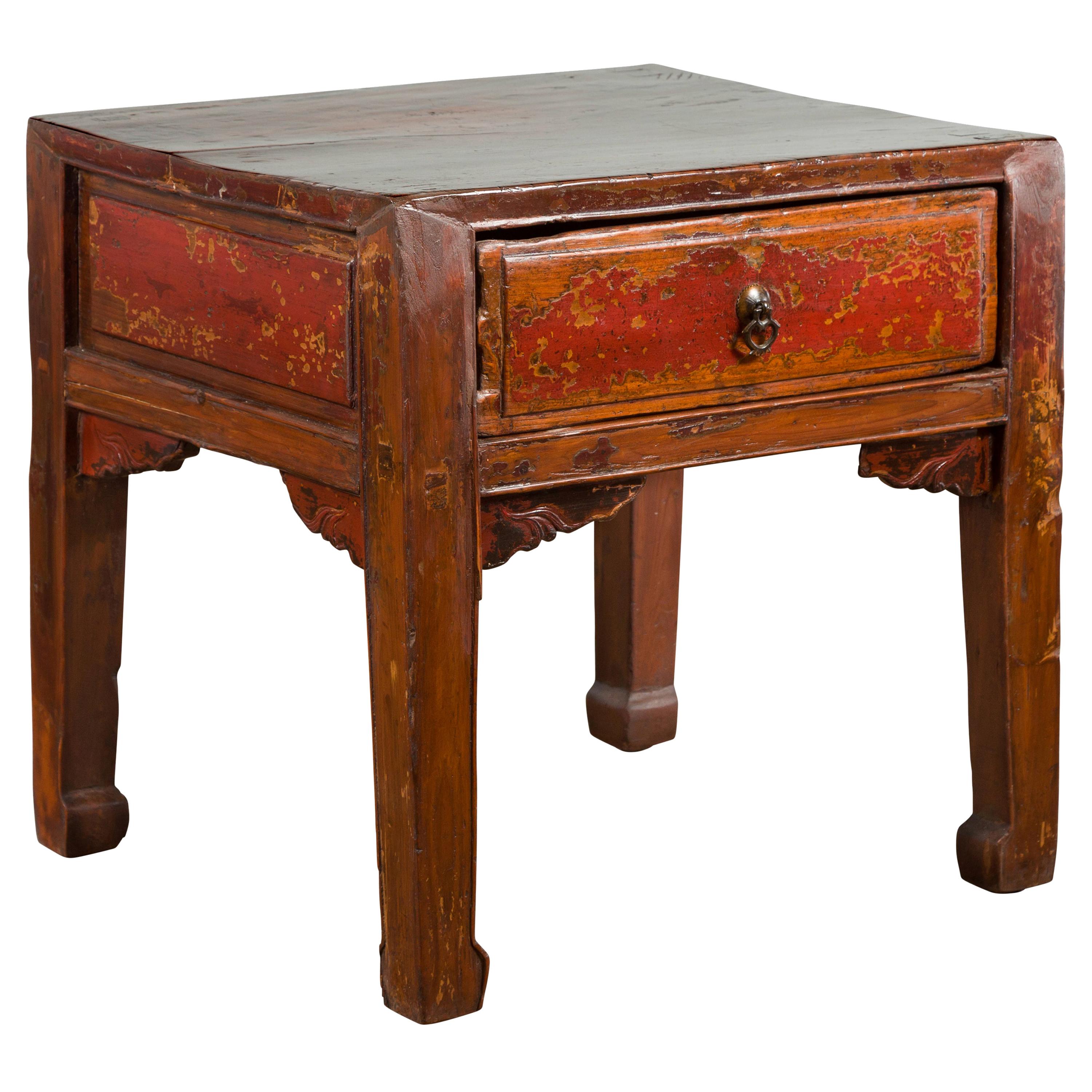 Chinese 19th Century Qing Dynasty Distressed Side Table with Cinnabar Underglaze For Sale