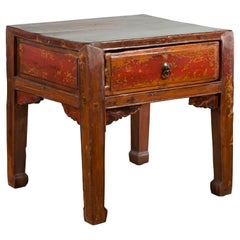 Antique Chinese 19th Century Qing Dynasty Distressed Side Table with Cinnabar Underglaze