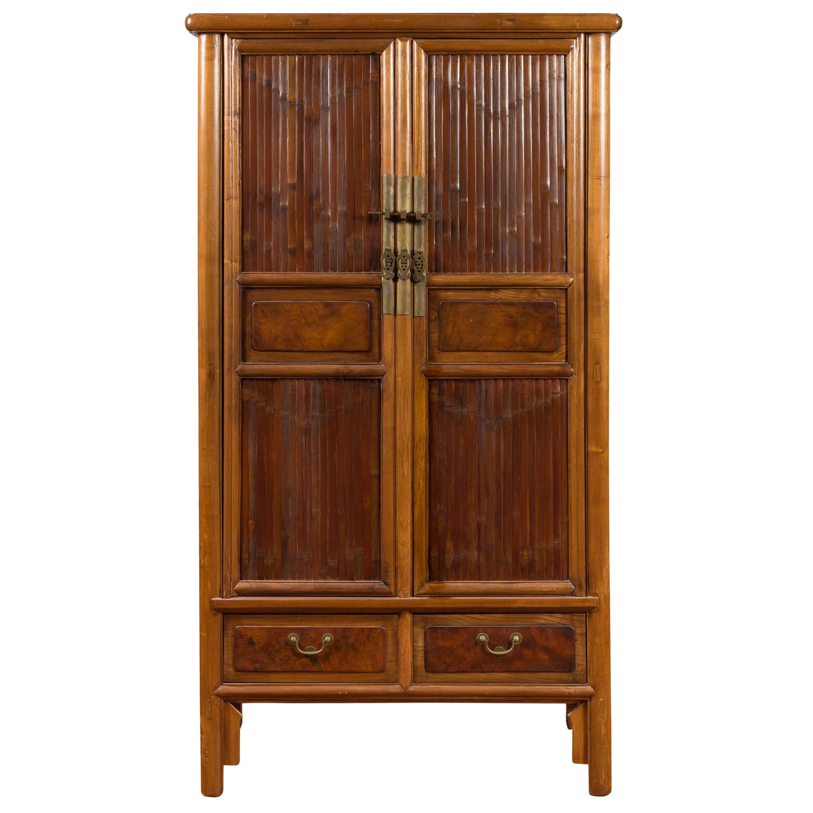 Chinese 19th Century Qing Dynasty Elm and Bamboo Noodle Cabinet with Drawers