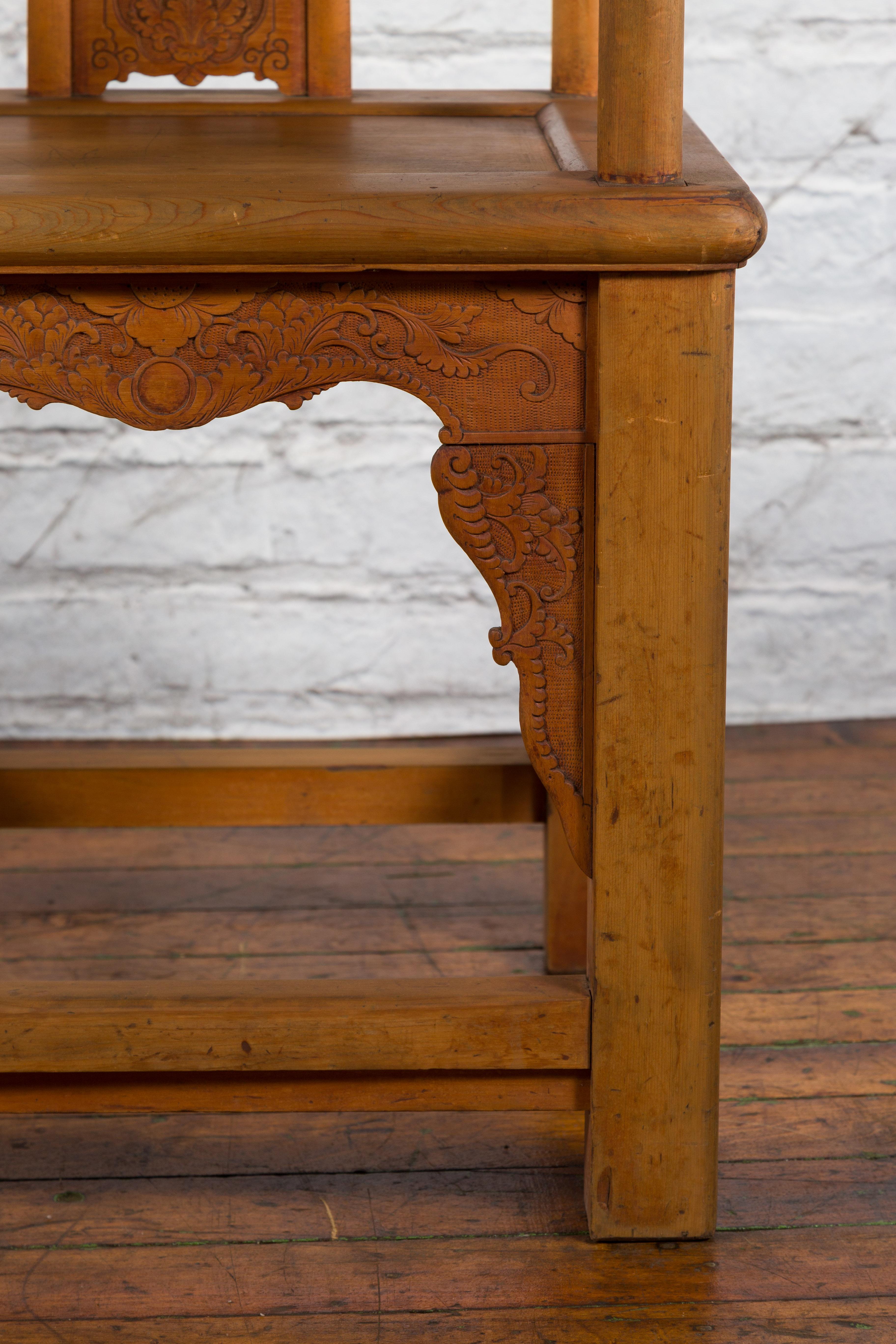Chinese 19th Century Qing Dynasty Elm Armchair with Carved Traditional Motifs For Sale 6