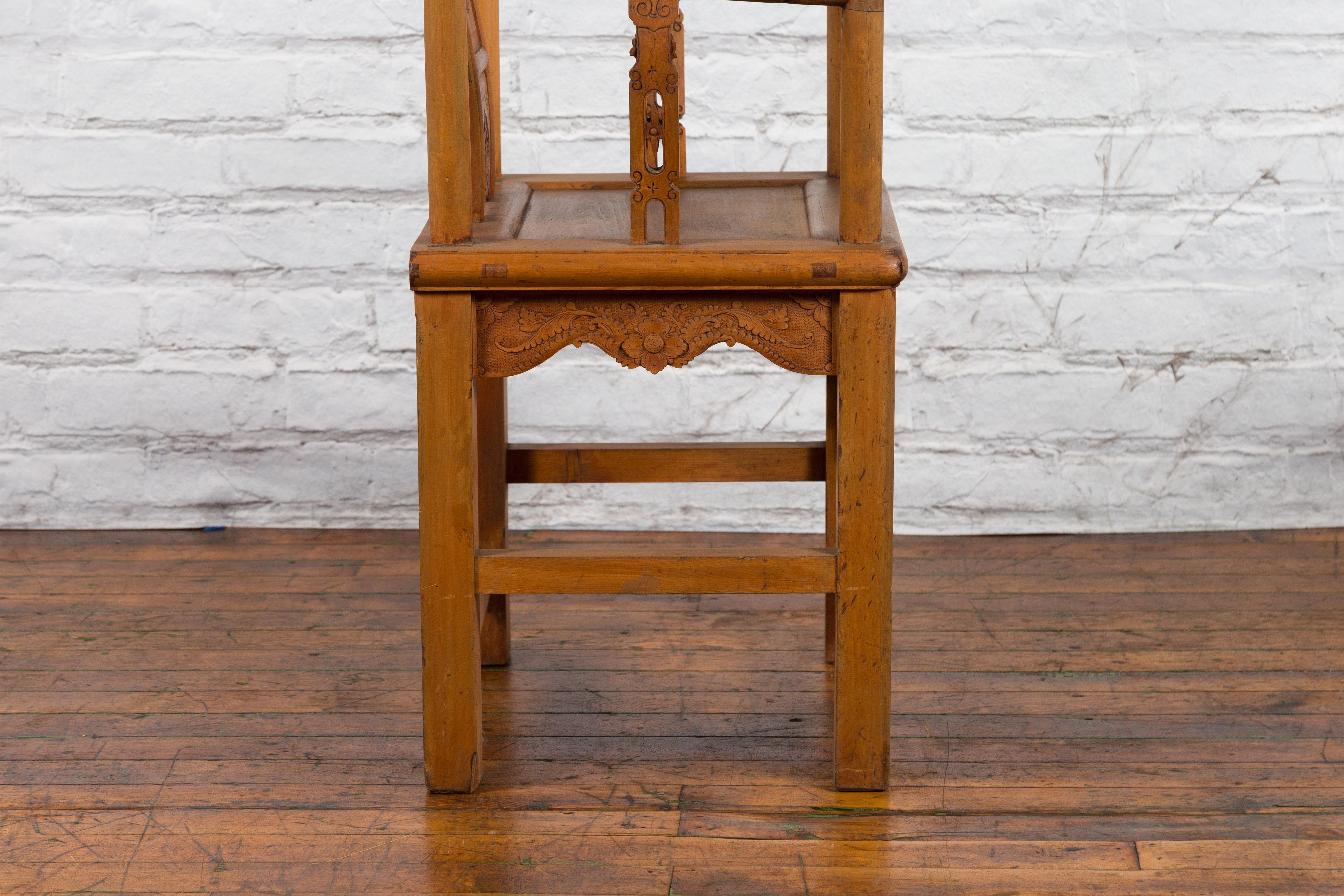 Chinese 19th Century Qing Dynasty Elm Armchair with Carved Traditional Motifs For Sale 10