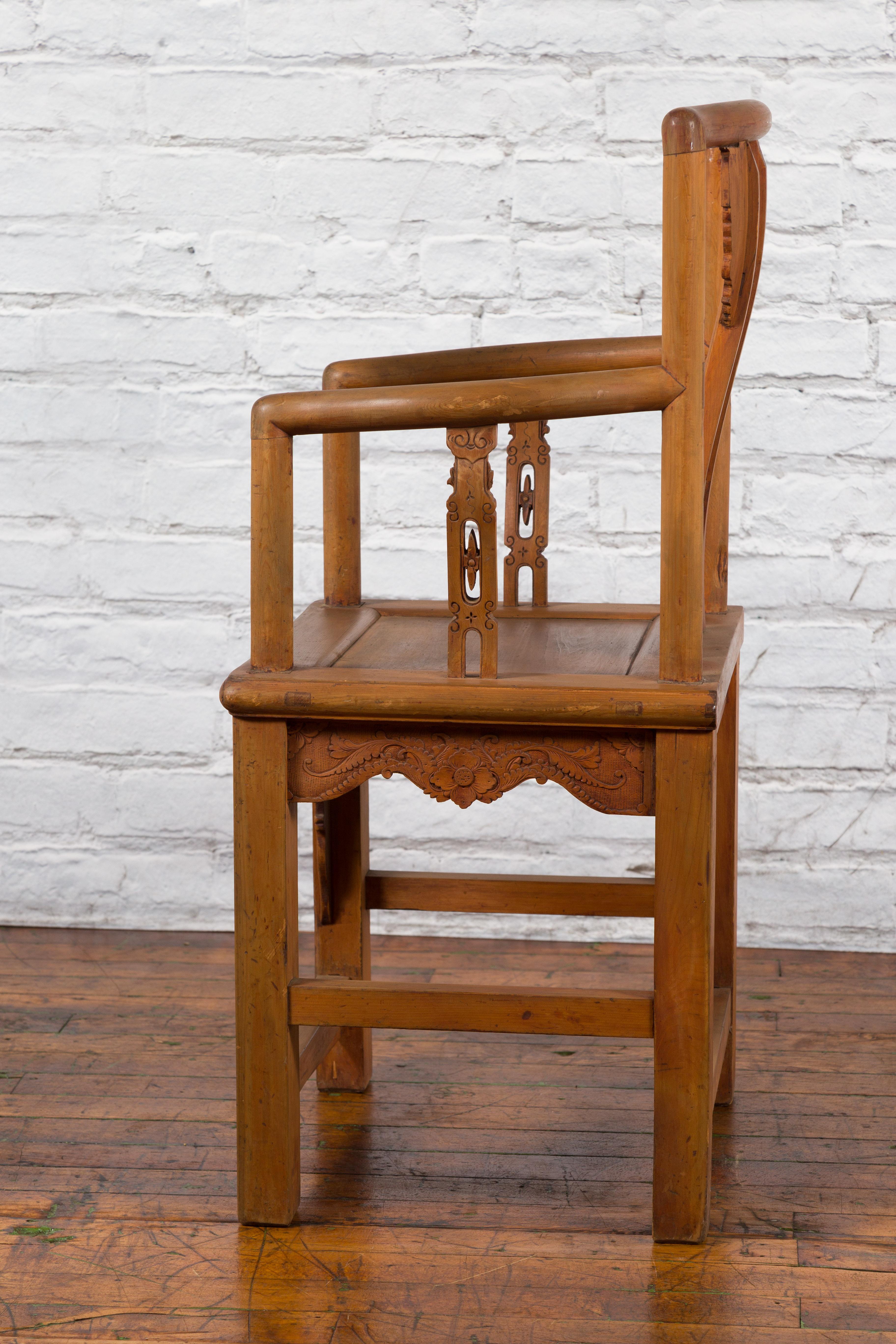 Chinese 19th Century Qing Dynasty Elm Armchair with Carved Traditional Motifs For Sale 13