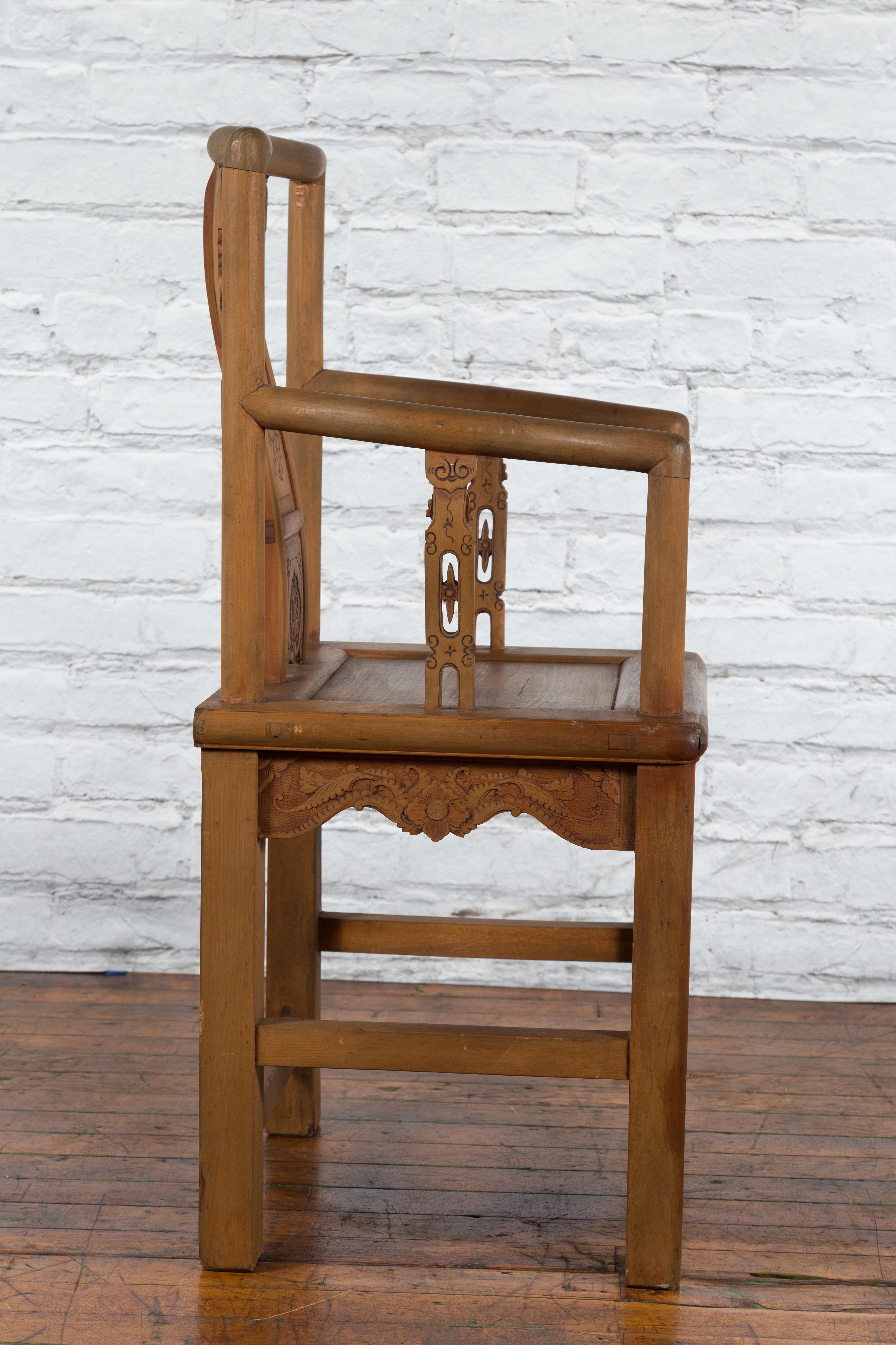 Chinese 19th Century Qing Dynasty Elm Armchair with Carved Traditional Motifs For Sale 14