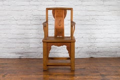 Chinese 19th Century Qing Dynasty Elm Armchair with Carved Traditional Motifs