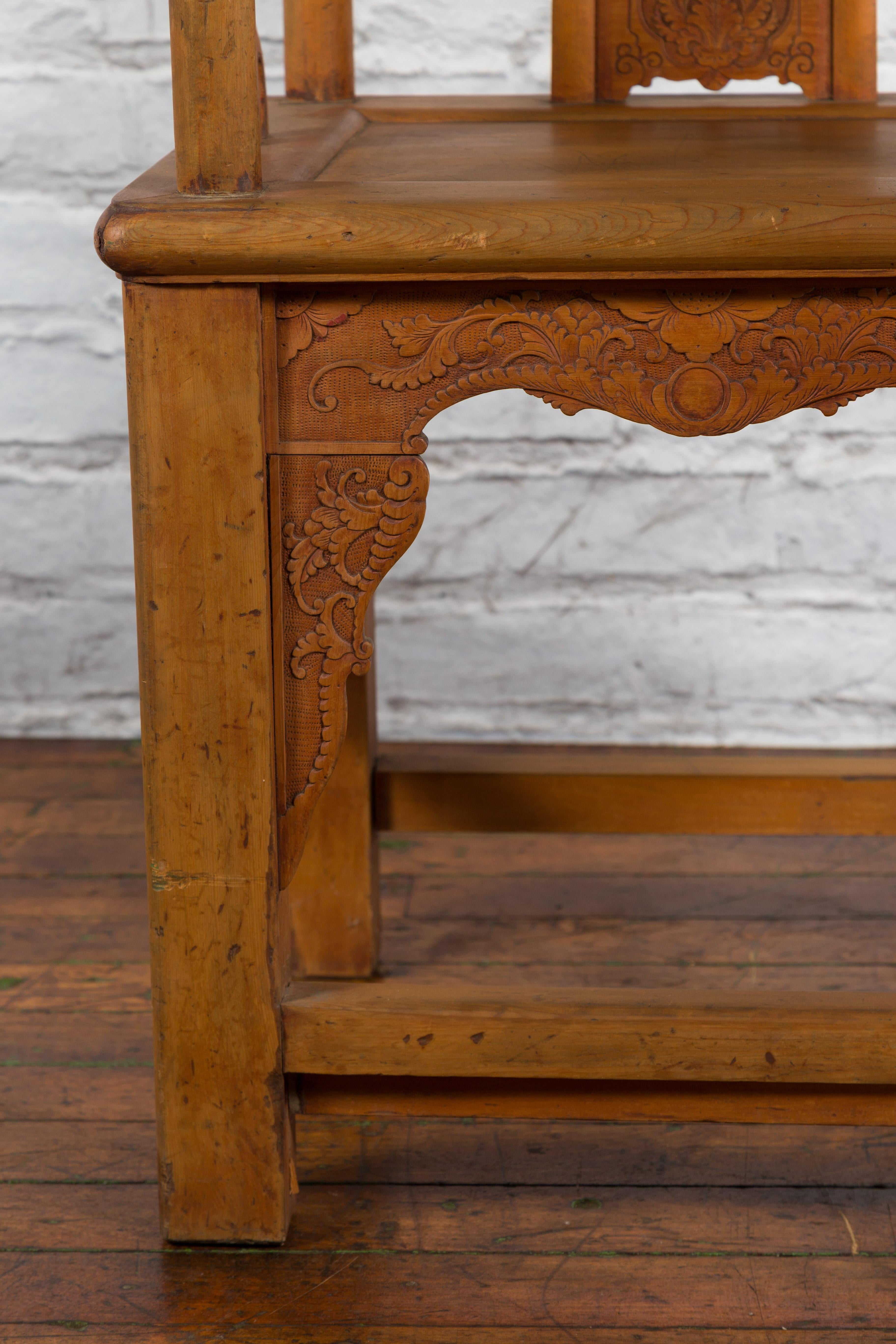 Chinese 19th Century Qing Dynasty Elm Armchair with Carved Traditional Motifs For Sale 5