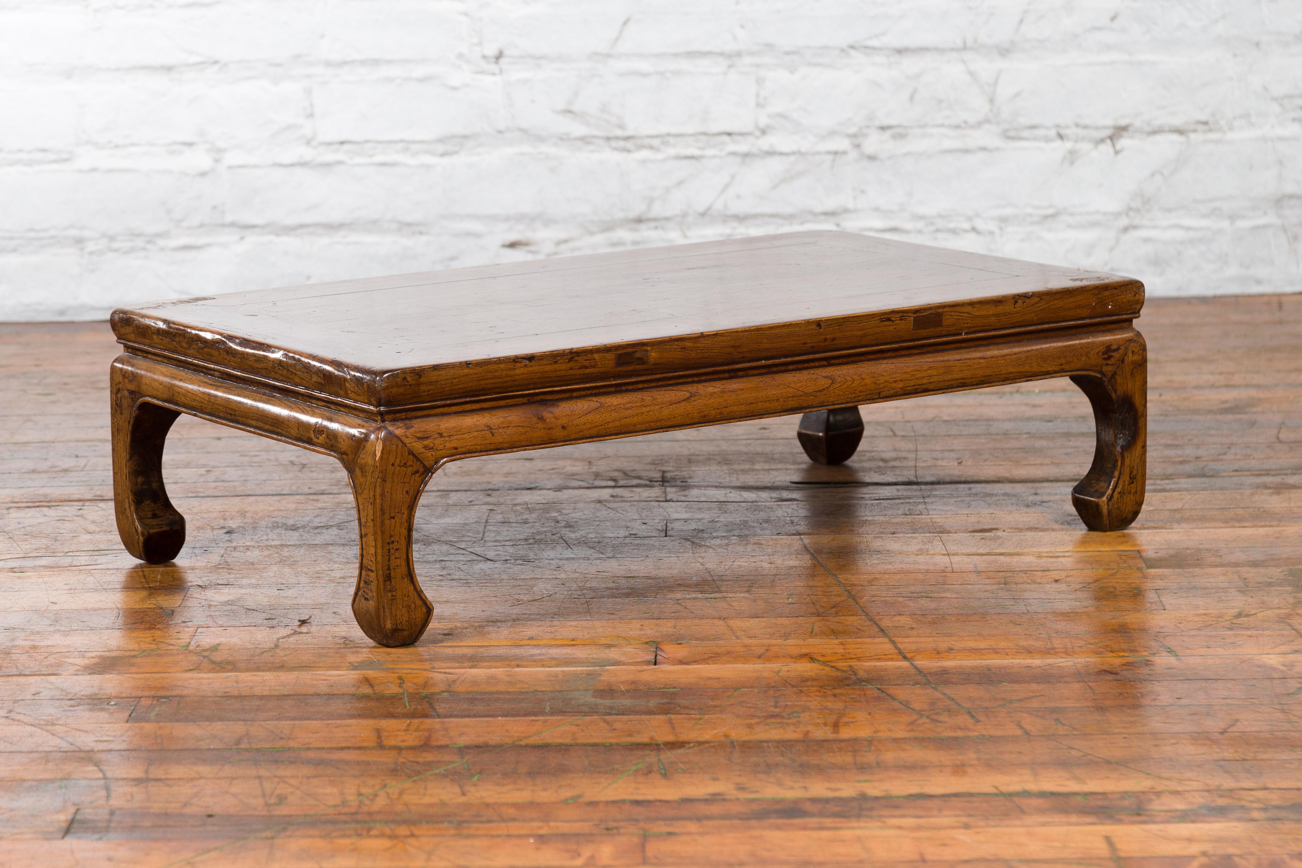 Chinese 19th Century Qing Dynasty Elm Kang Coffee Table with Horse Hoof Legs 2