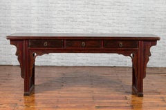Chinese 19th Century Qing Dynasty Elm Low Console Table with Three Drawers
