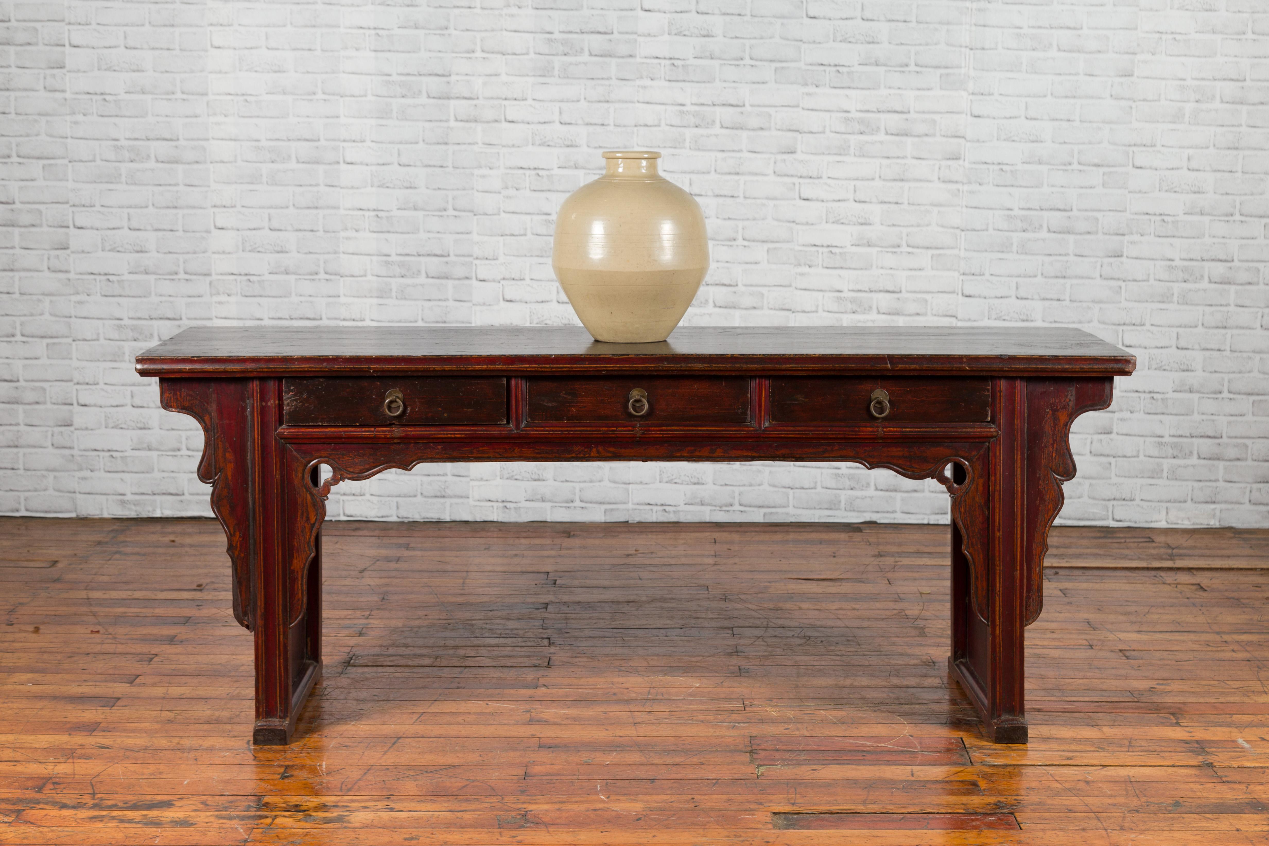 Carved Chinese 19th Century Qing Dynasty Elm Low Console Table with Three Drawers For Sale