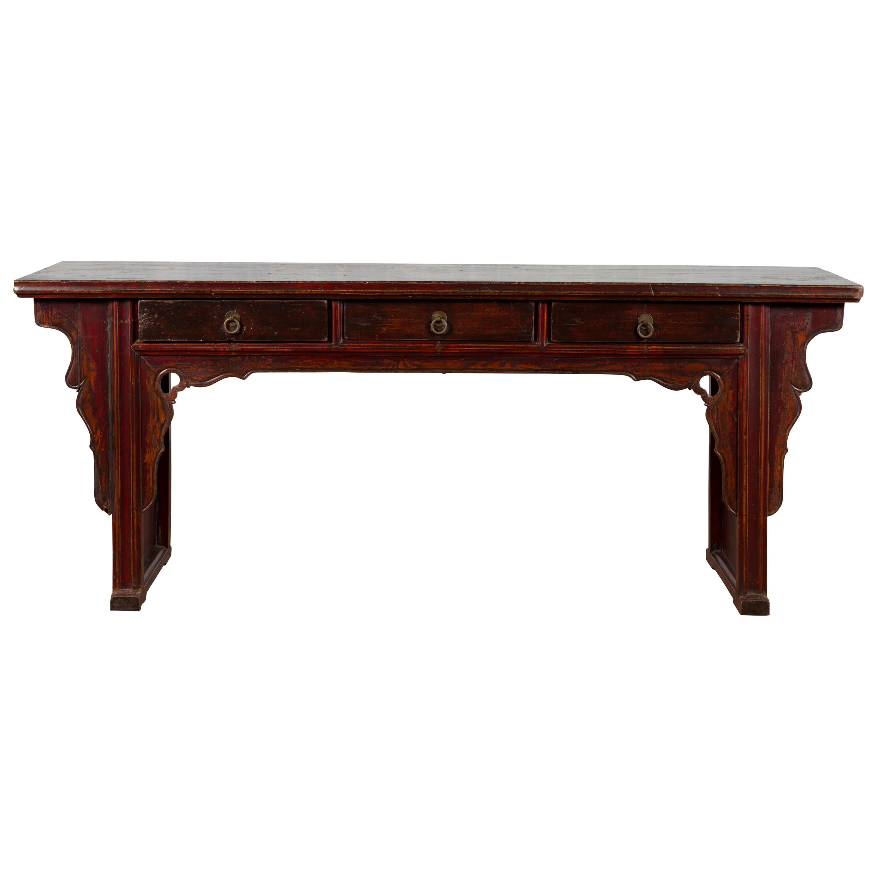 Chinese 19th Century Qing Dynasty Elm Low Console Table with Three Drawers For Sale