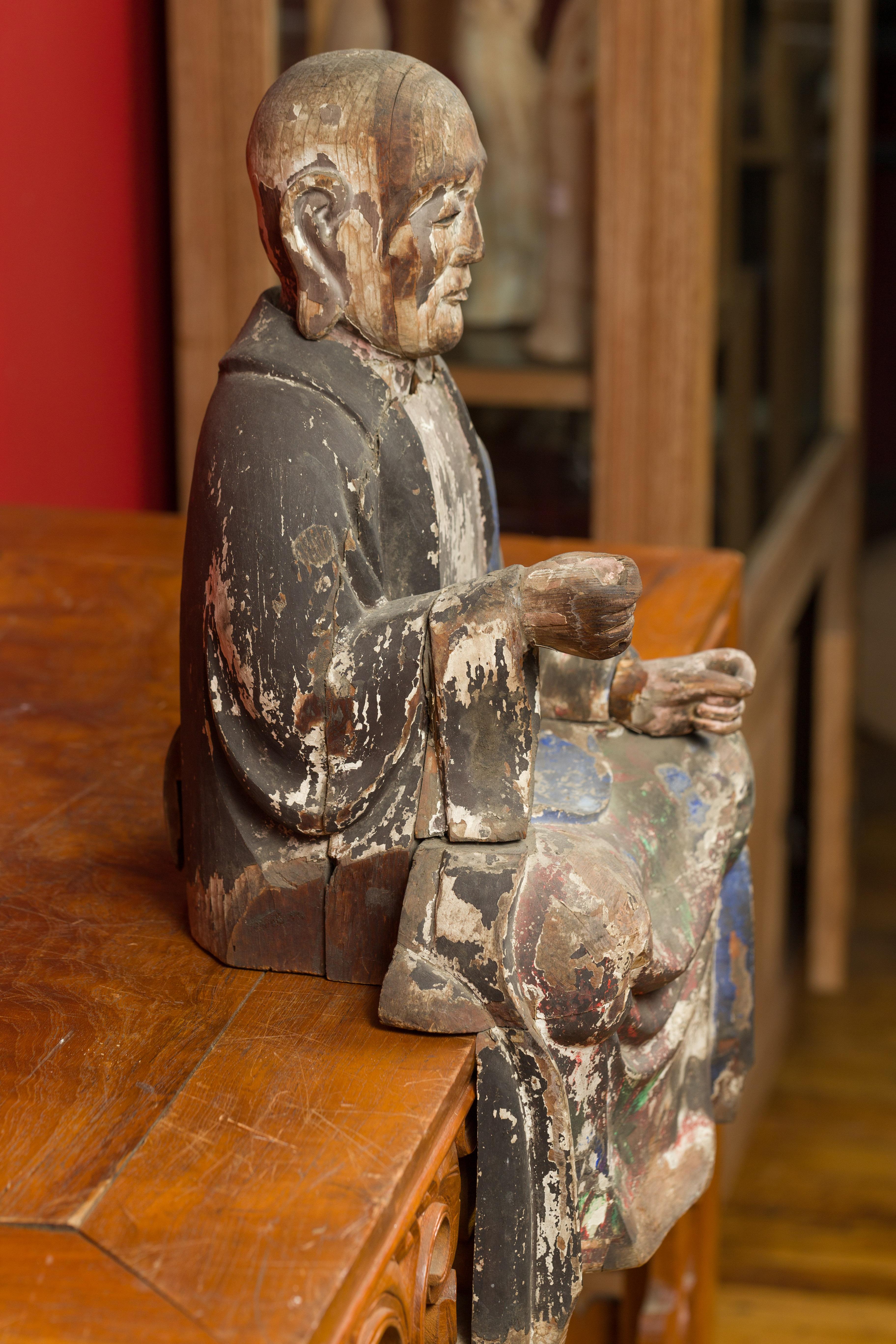 Chinese 19th Century Qing Dynasty Hand Carved and Painted Seated Buddhist Monk 3