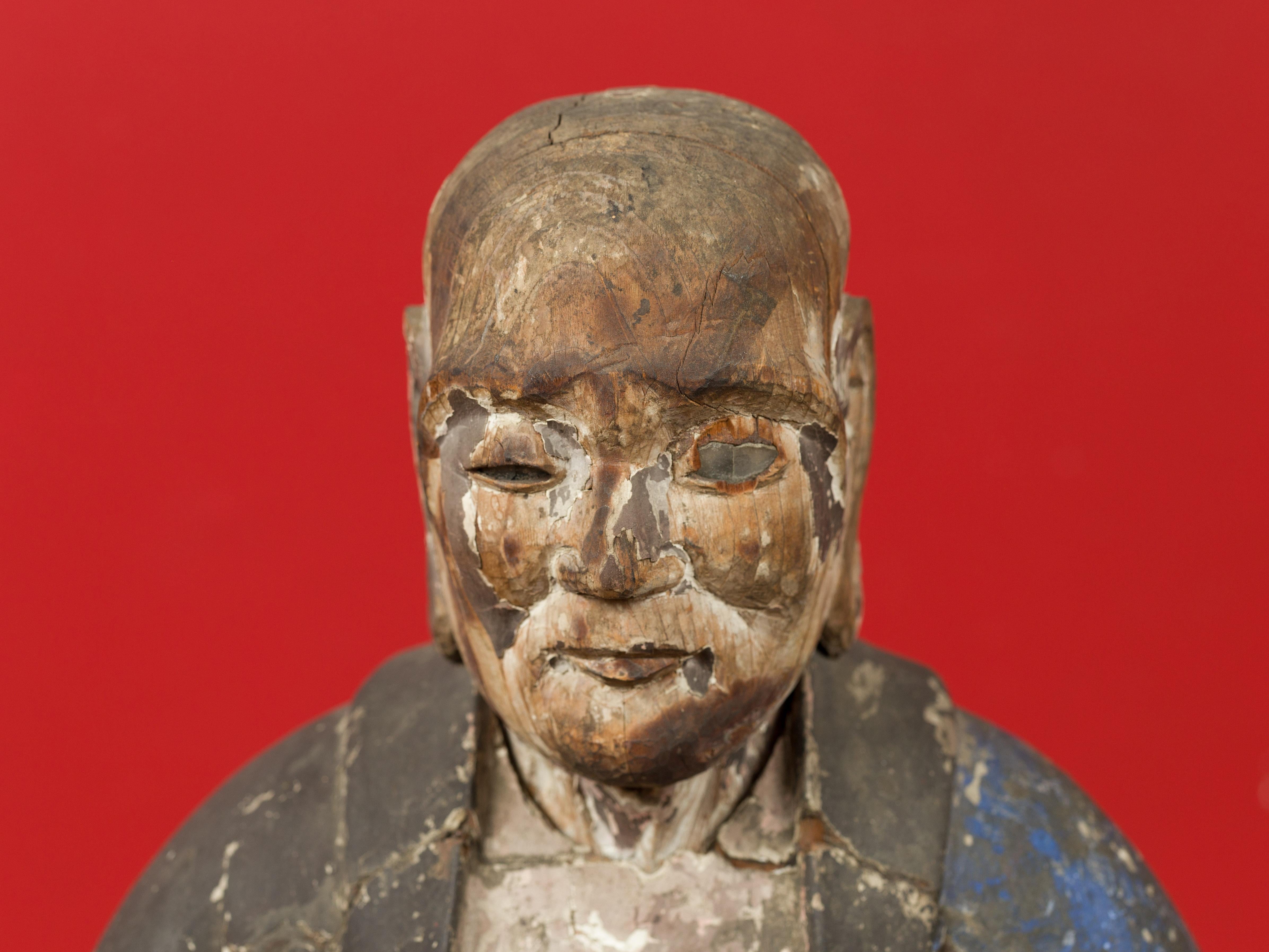 Hand-Carved Chinese 19th Century Qing Dynasty Hand Carved and Painted Seated Buddhist Monk