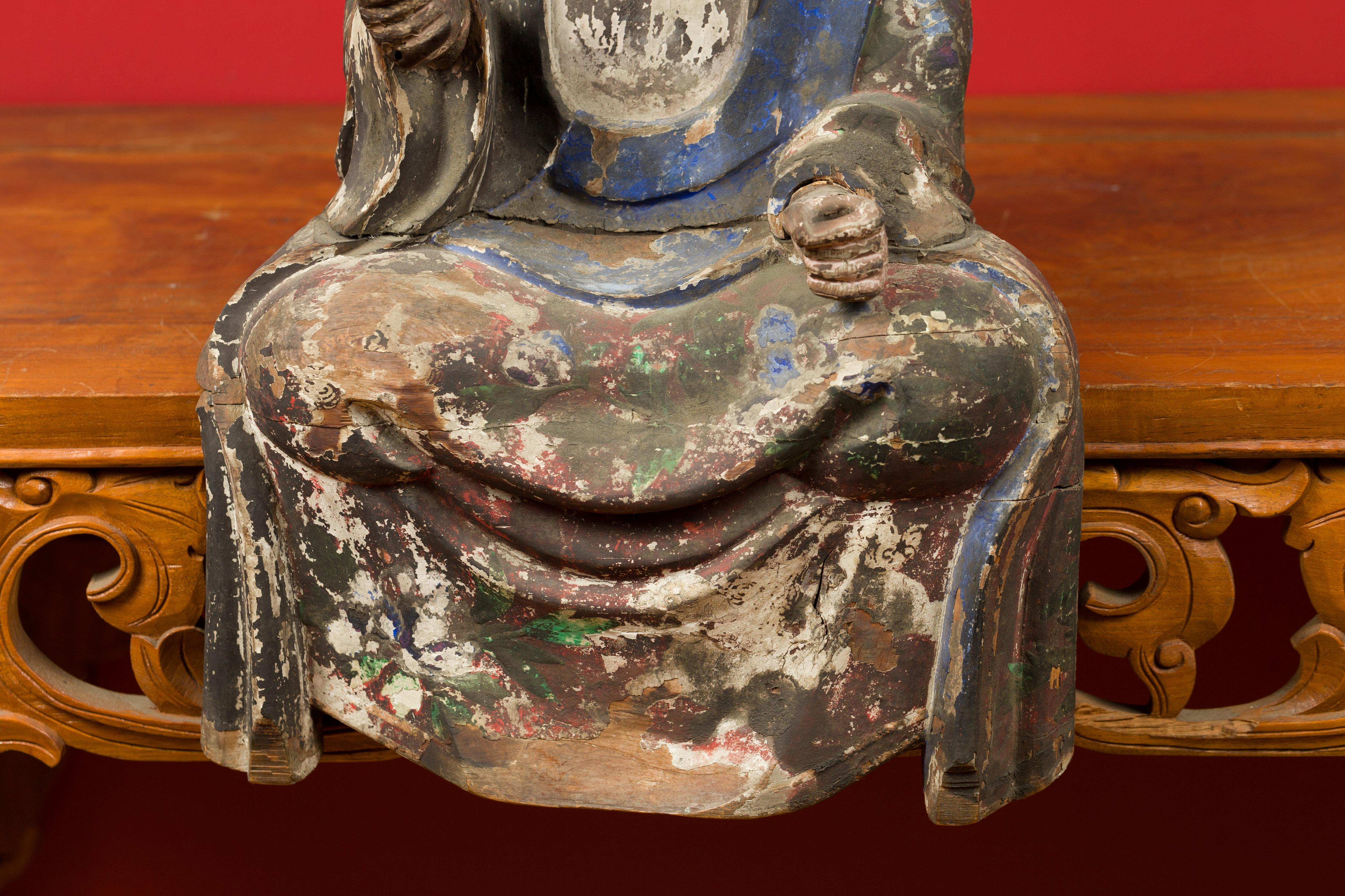 Chinese 19th Century Qing Dynasty Hand Carved and Painted Seated Buddhist Monk In Fair Condition In Yonkers, NY