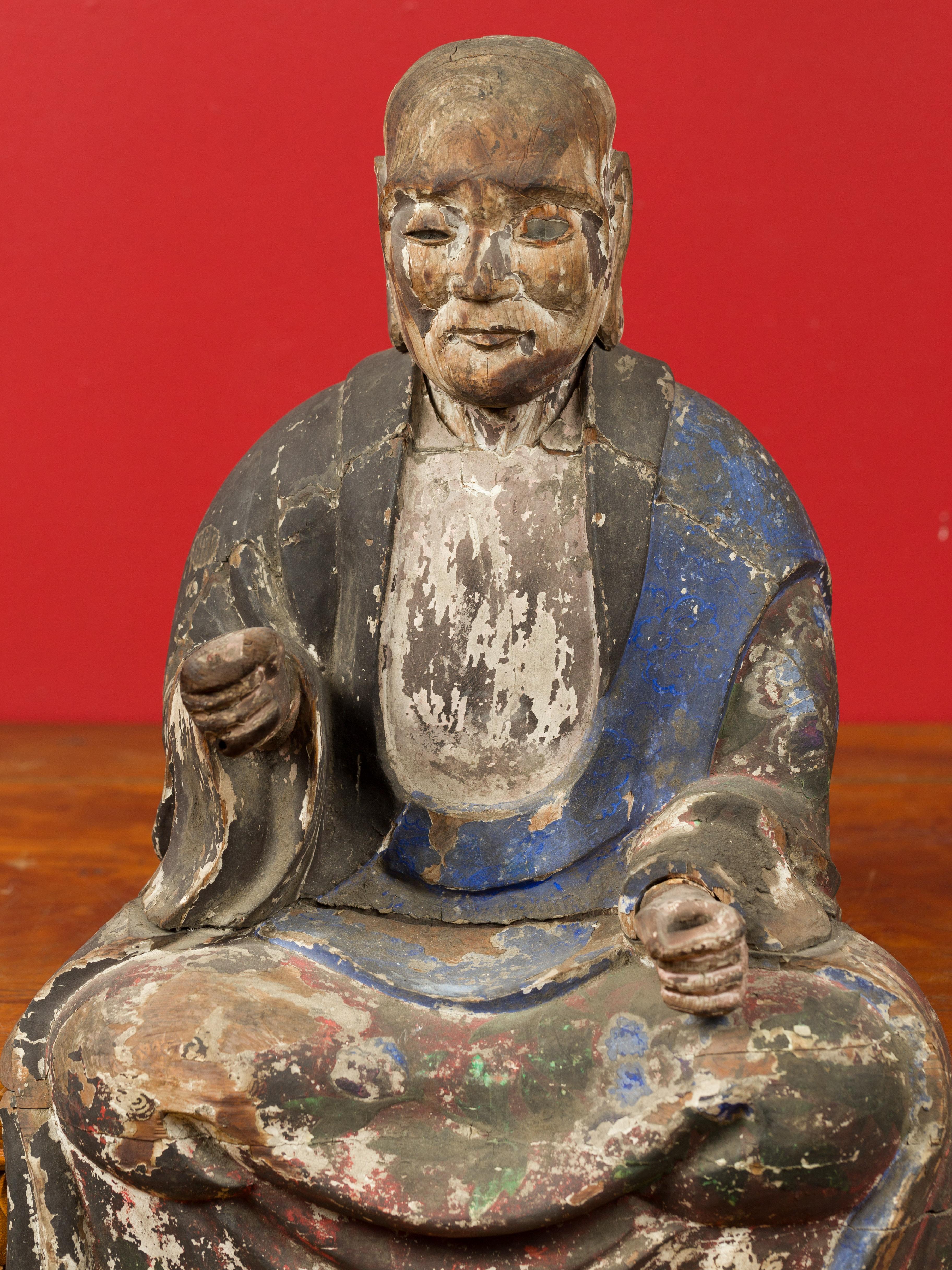 Wood Chinese 19th Century Qing Dynasty Hand Carved and Painted Seated Buddhist Monk