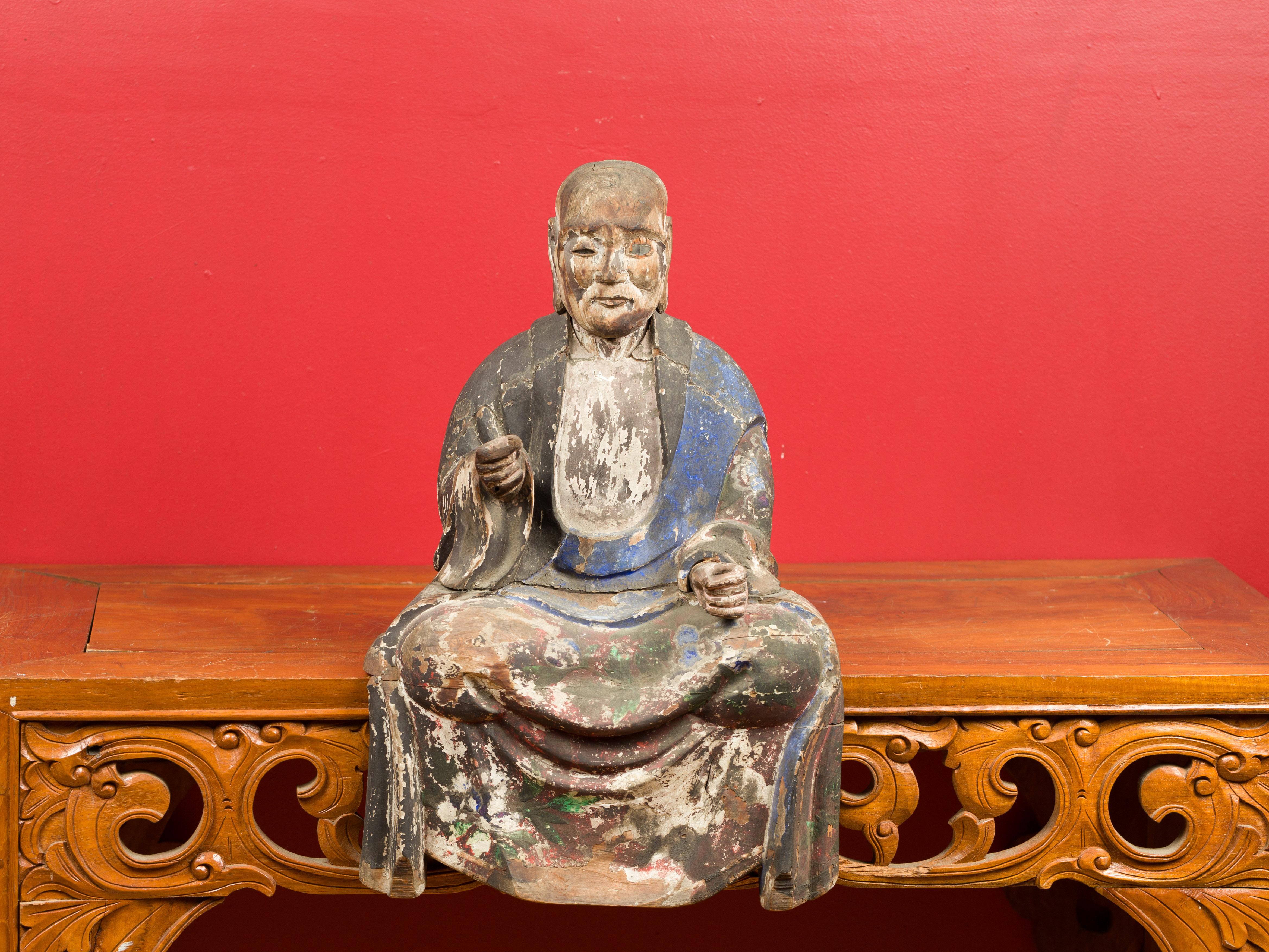 Chinese 19th Century Qing Dynasty Hand Carved and Painted Seated Buddhist Monk 1