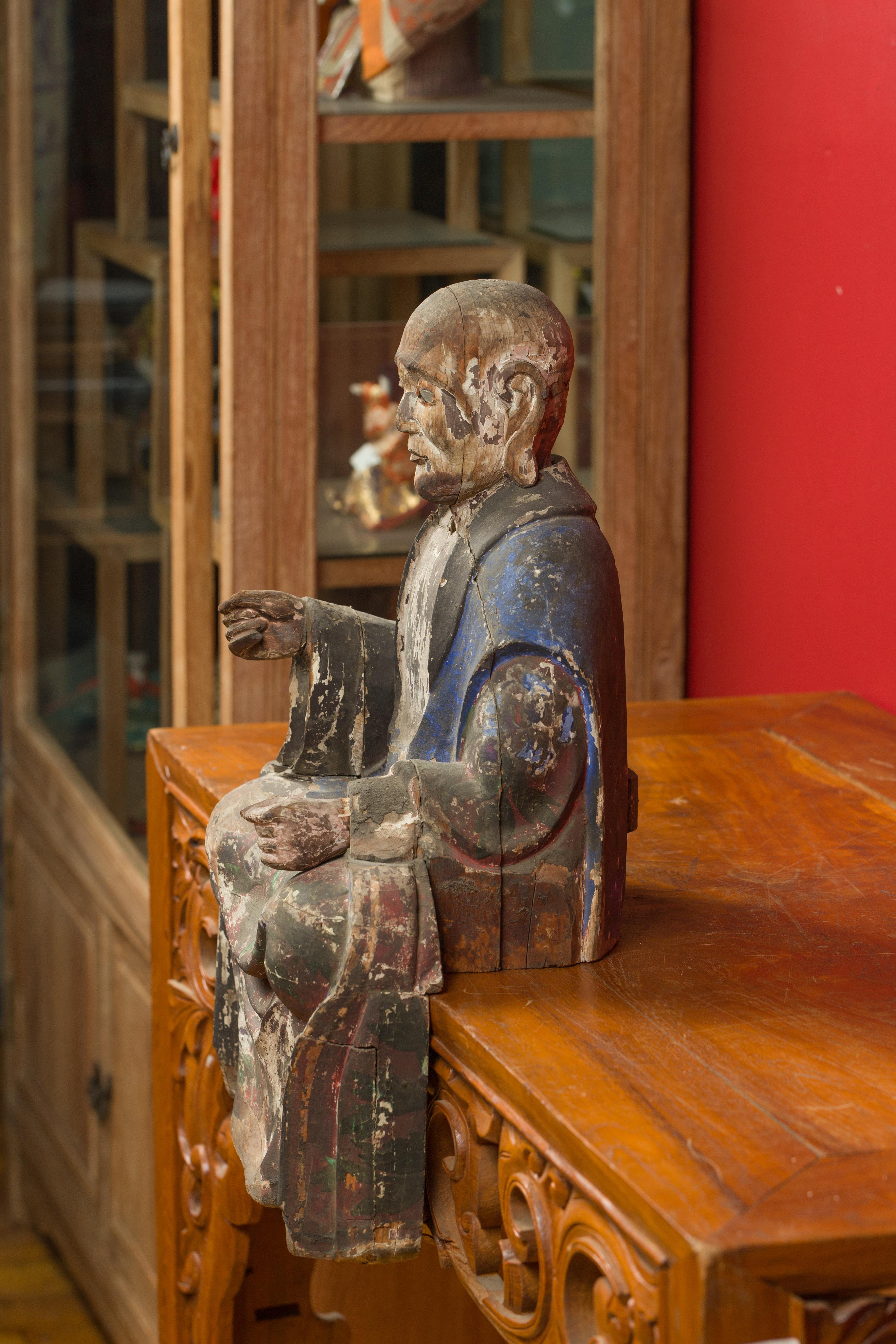 Chinese 19th Century Qing Dynasty Hand Carved and Painted Seated Buddhist Monk 2