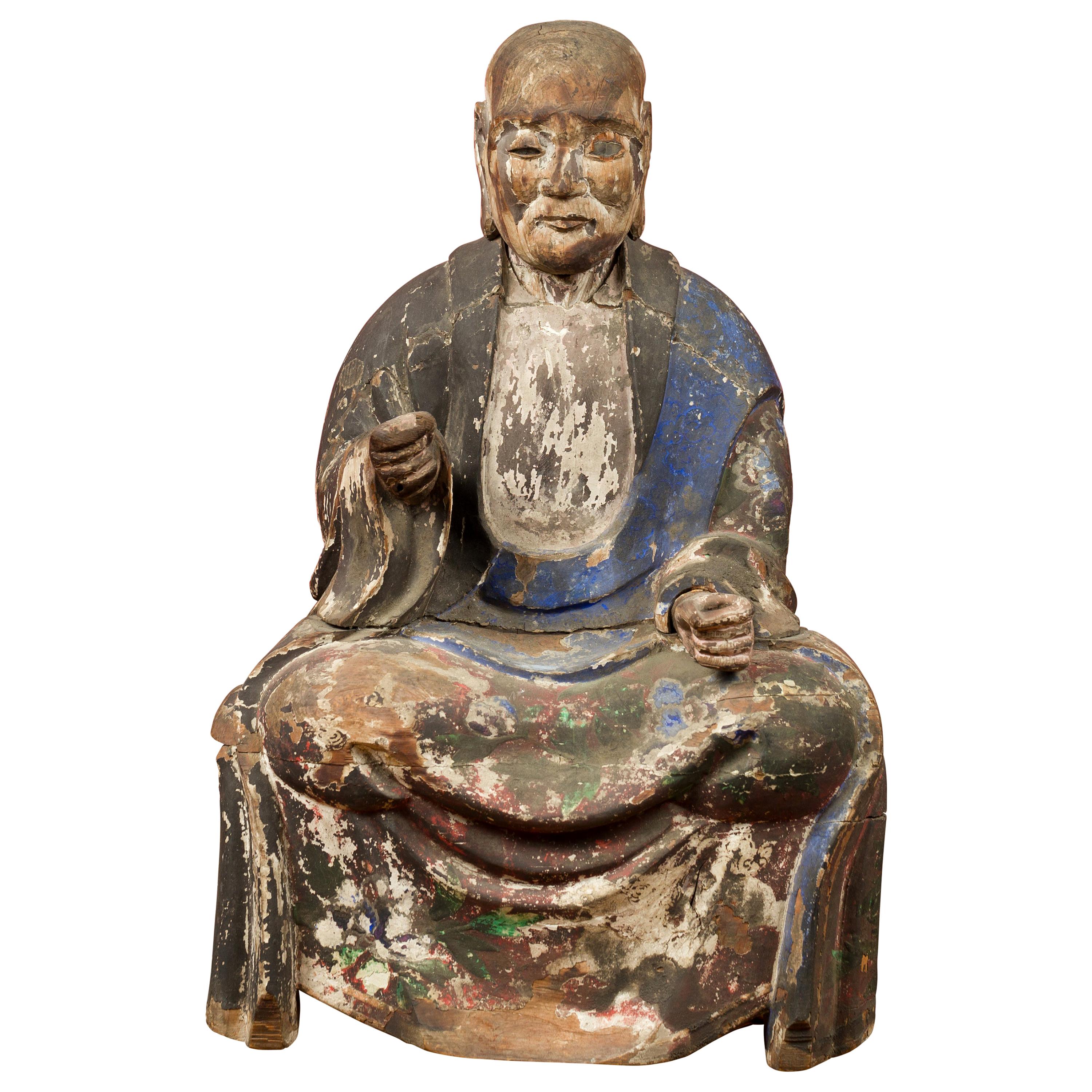 Chinese 19th Century Qing Dynasty Hand Carved and Painted Seated Buddhist Monk
