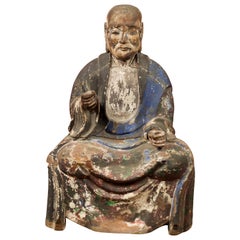 Chinese 19th Century Qing Dynasty Hand Carved and Painted Seated Buddhist Monk