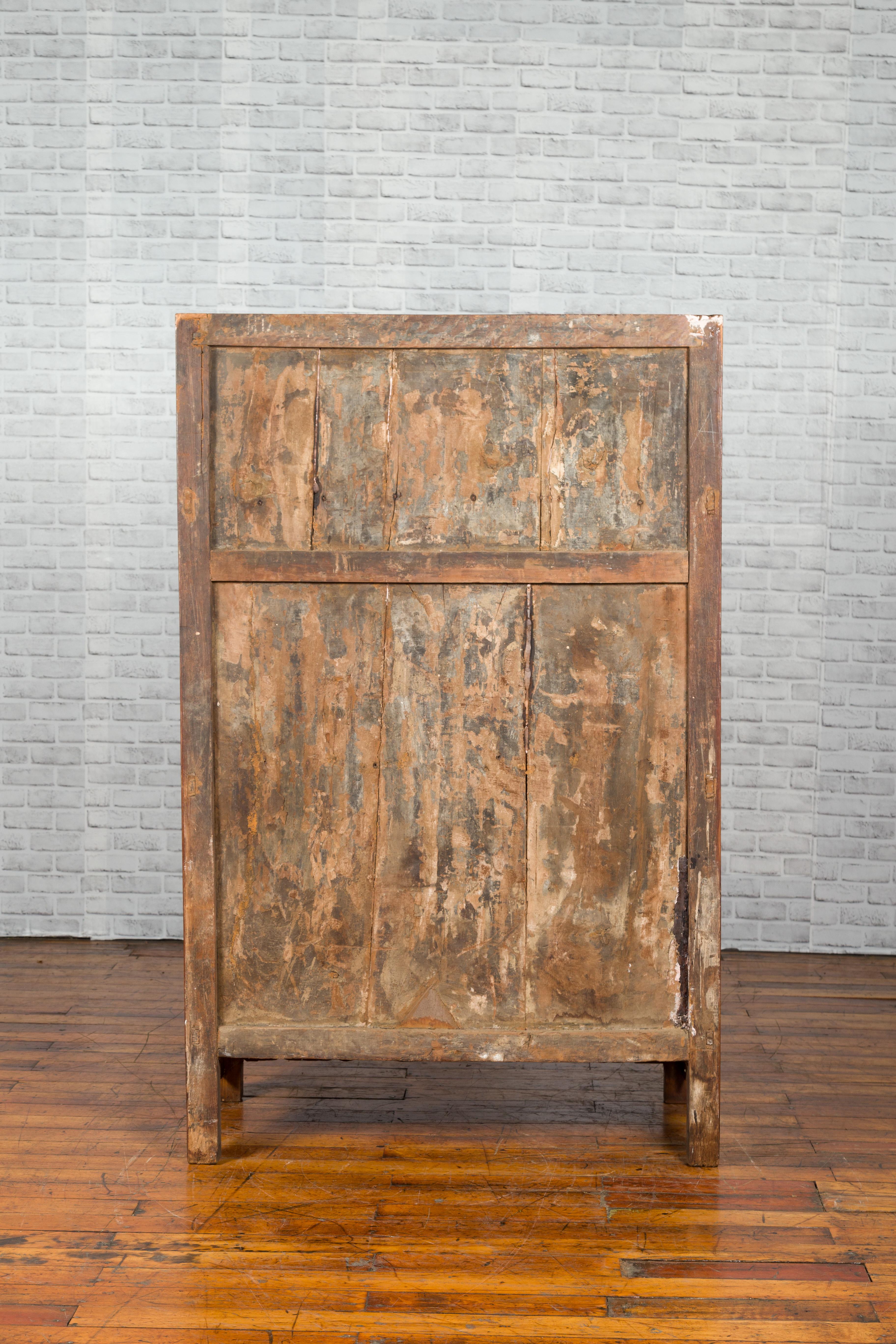 Chinese 19th Century Qing Dynasty Period Natural Elm Cabinet with Carved Apron For Sale 7