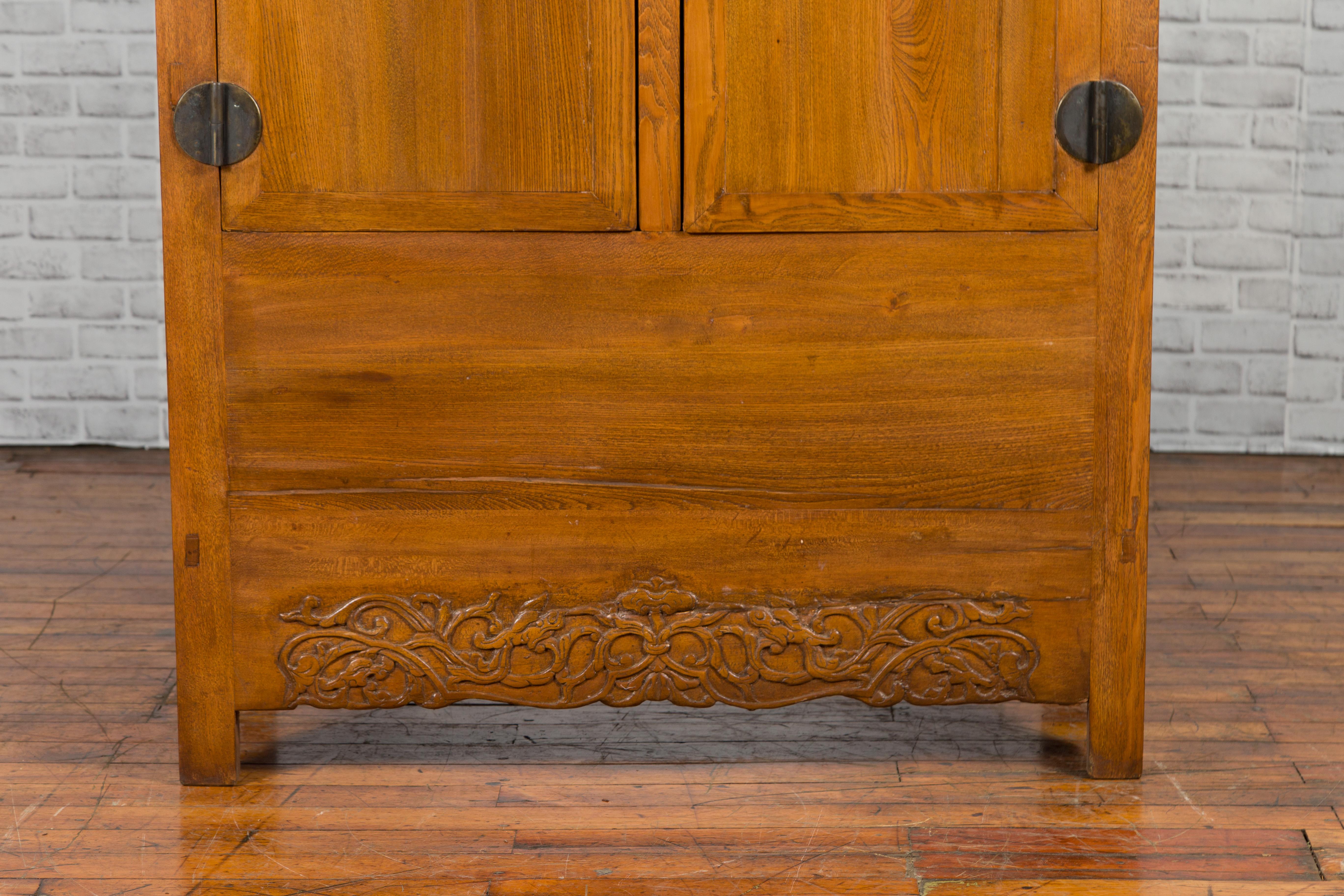 Chinese 19th Century Qing Dynasty Period Natural Elm Cabinet with Carved Apron For Sale 3