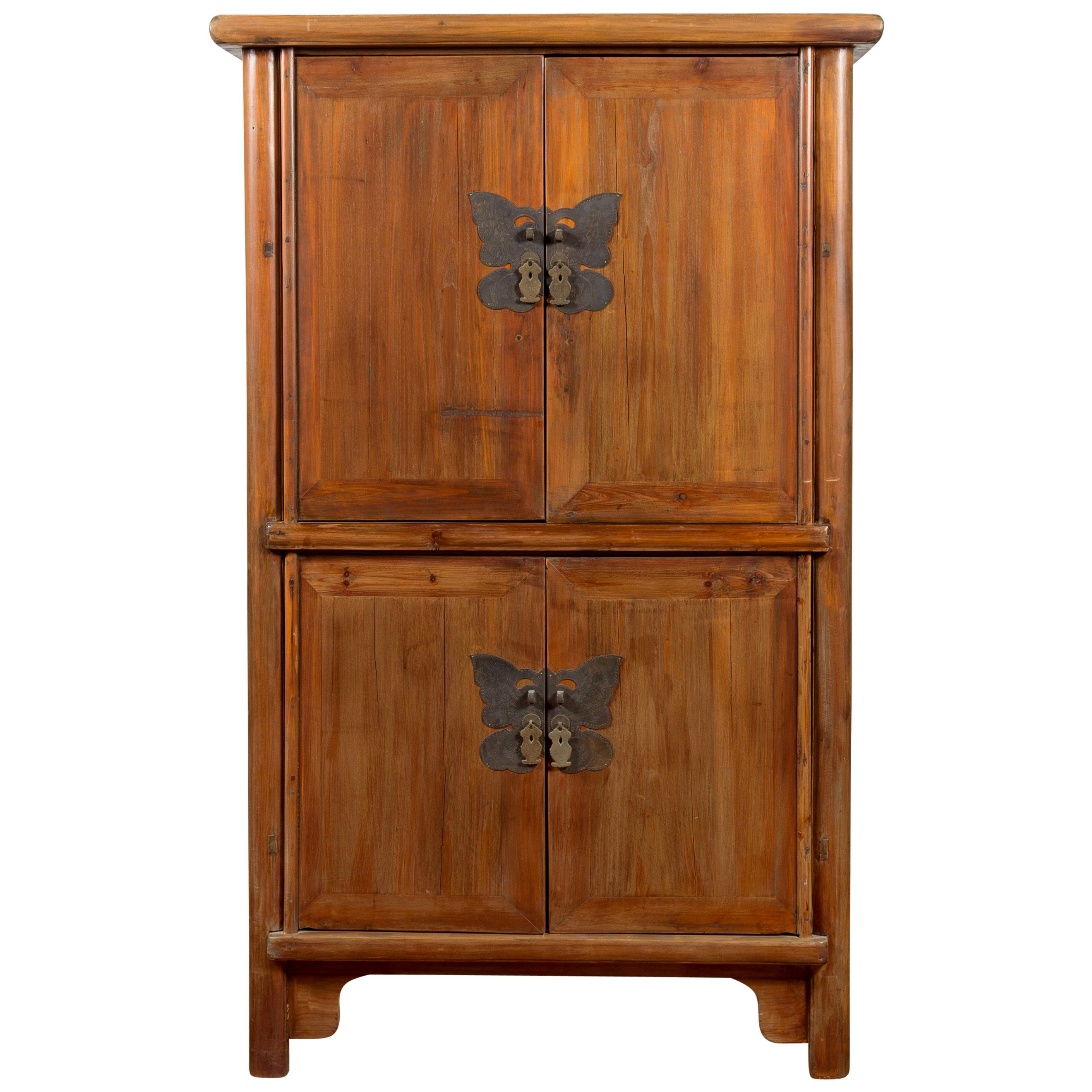 Chinese 19th Century Qing Dynasty Period Wedding Cabinet with Butterfly Hardware
