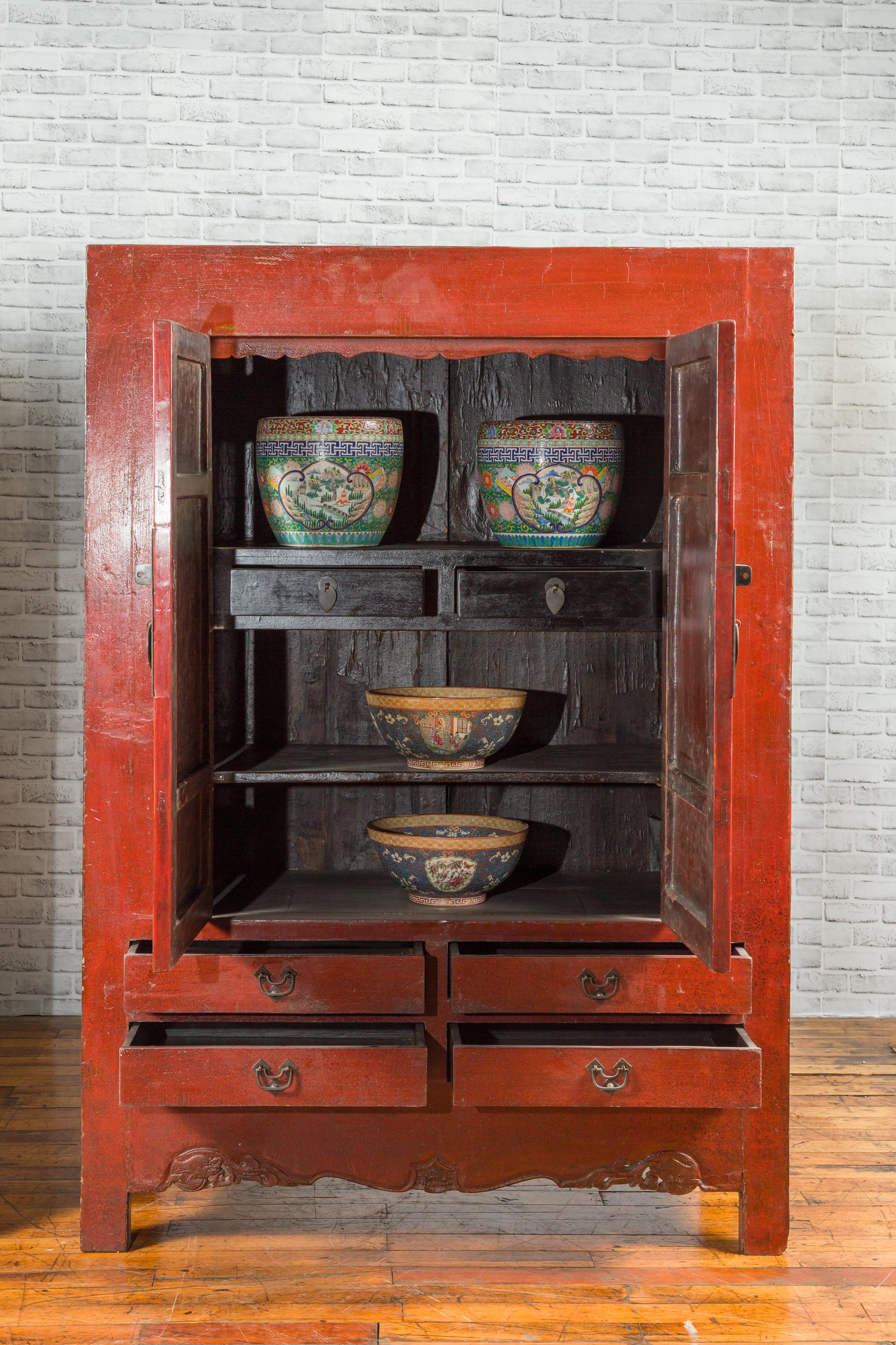 Carved Chinese 19th Century Qing Dynasty Red Lacquer Cabinet with Medallion Hardware For Sale