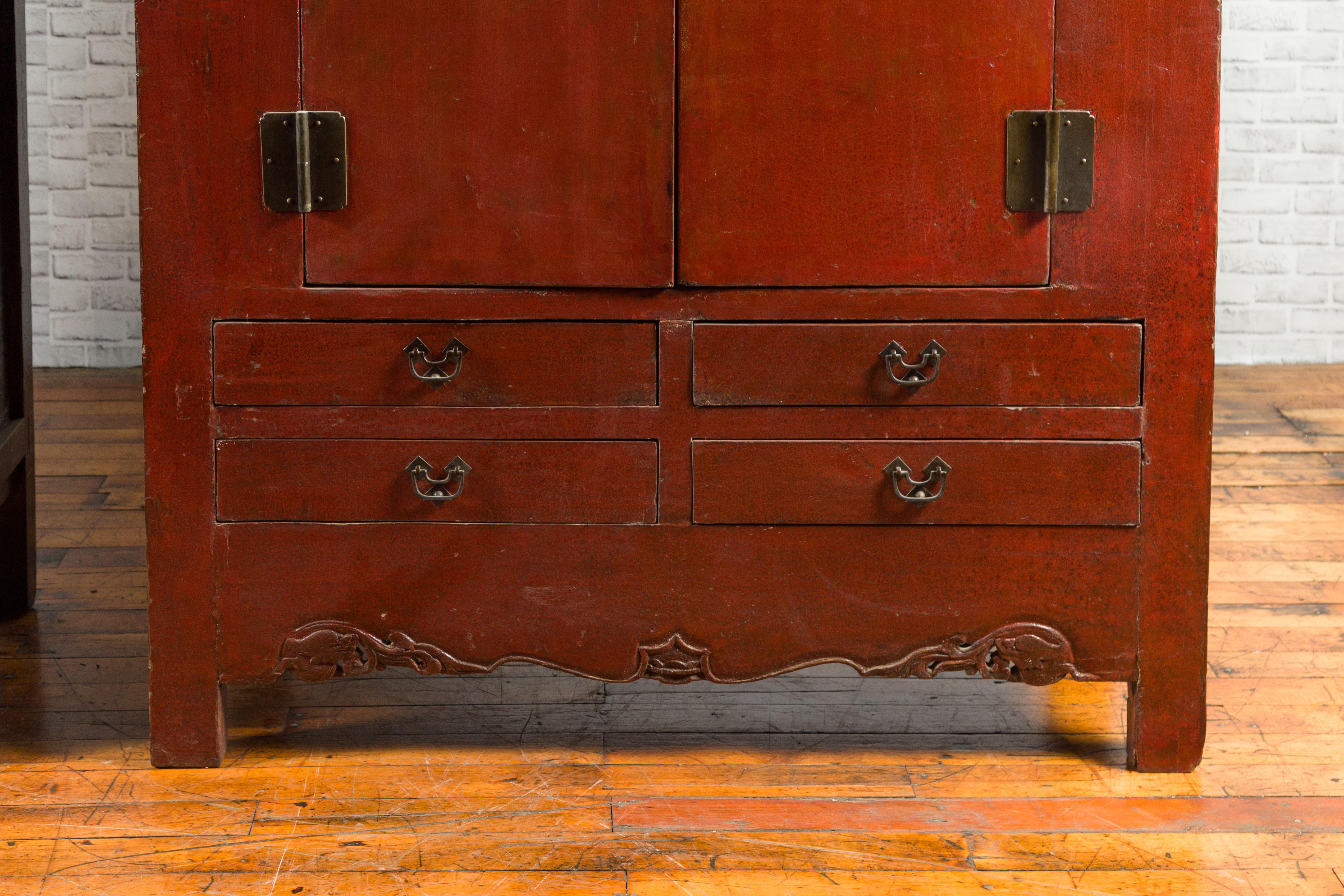 Metal Chinese 19th Century Qing Dynasty Red Lacquer Cabinet with Medallion Hardware For Sale