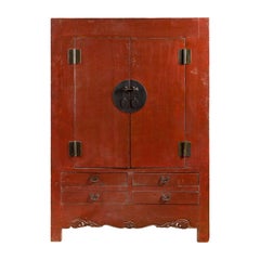 Antique Chinese 19th Century Qing Dynasty Red Lacquer Cabinet with Medallion Hardware