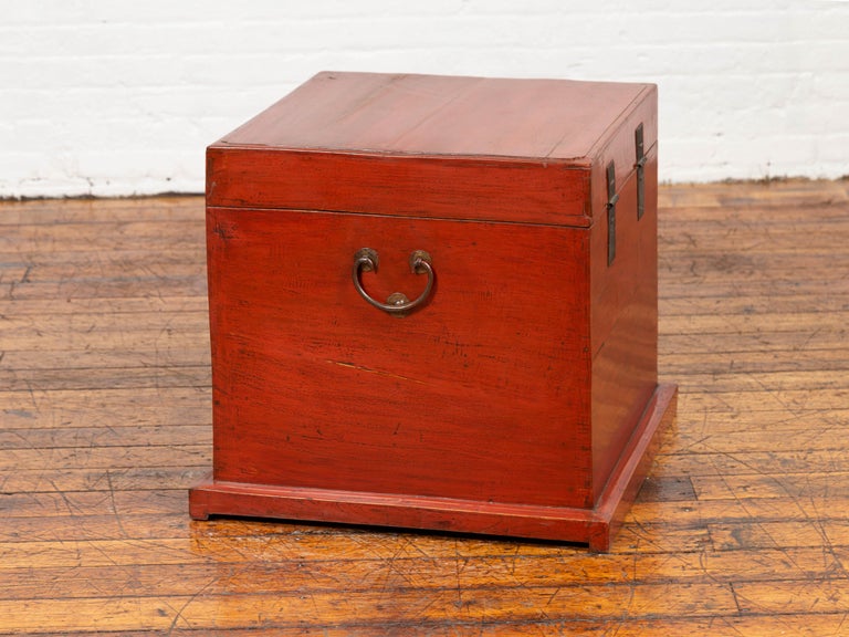 Chinese 19th Century Qing Dynasty Red Lacquered Blanket Chest with Iron