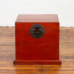 Chinese 19th Century Qing Dynasty Red Lacquered Blanket Chest with Iron Hardware
