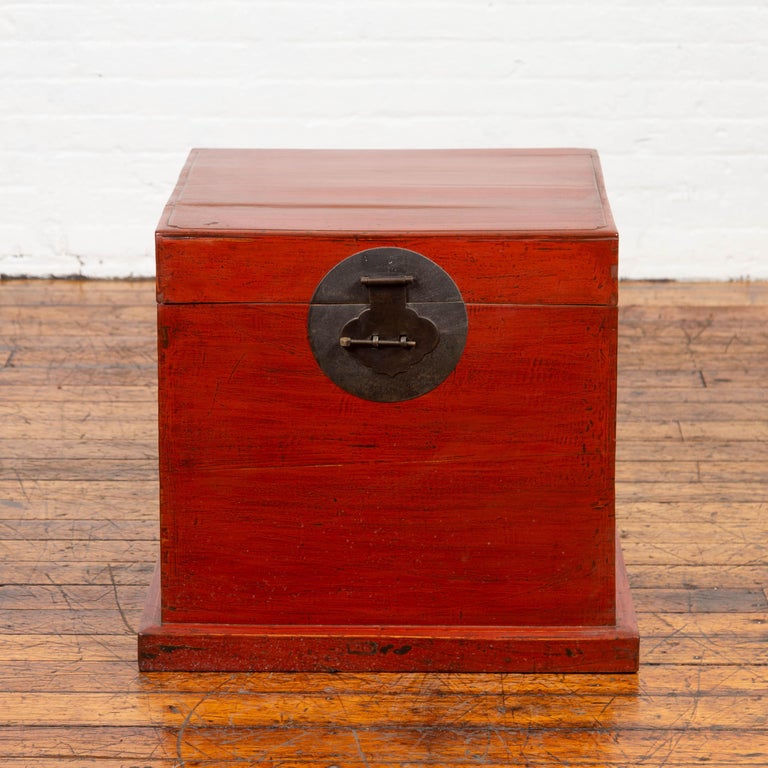 Chinese 19th Century Qing Dynasty Red Lacquered Blanket Chest with Iron