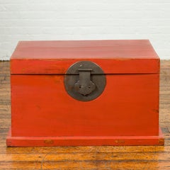 19th Century Qing Dynasty Red Lacquered Blanket Chest with Iron Hardware