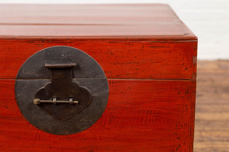Chinese 19th Century Qing Dynasty Red Lacquered Blanket Chest with Iron